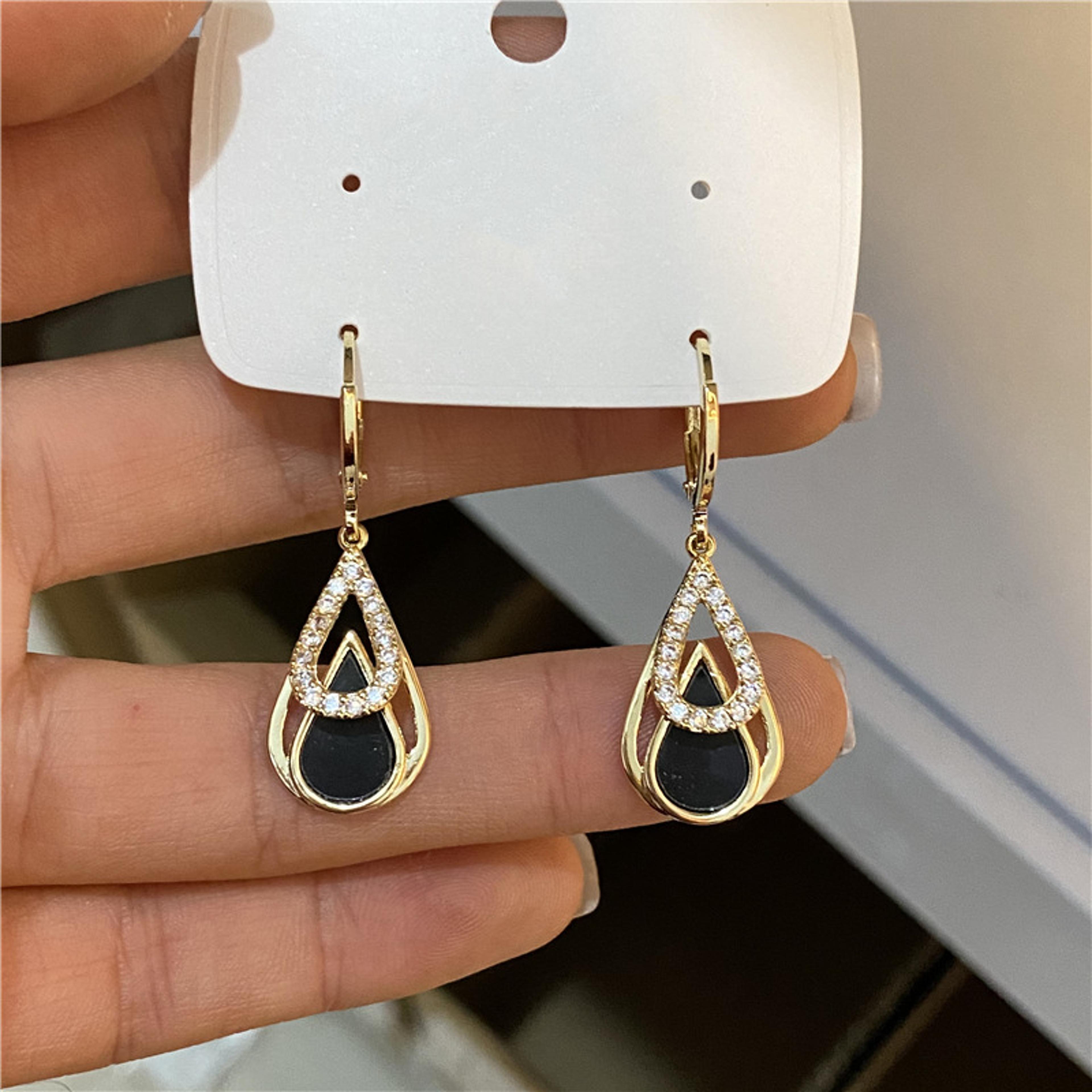 Elegant Rhinestone Dangle Earrings For Women Black Enamel Gold Hoop Statement Jewelry 4