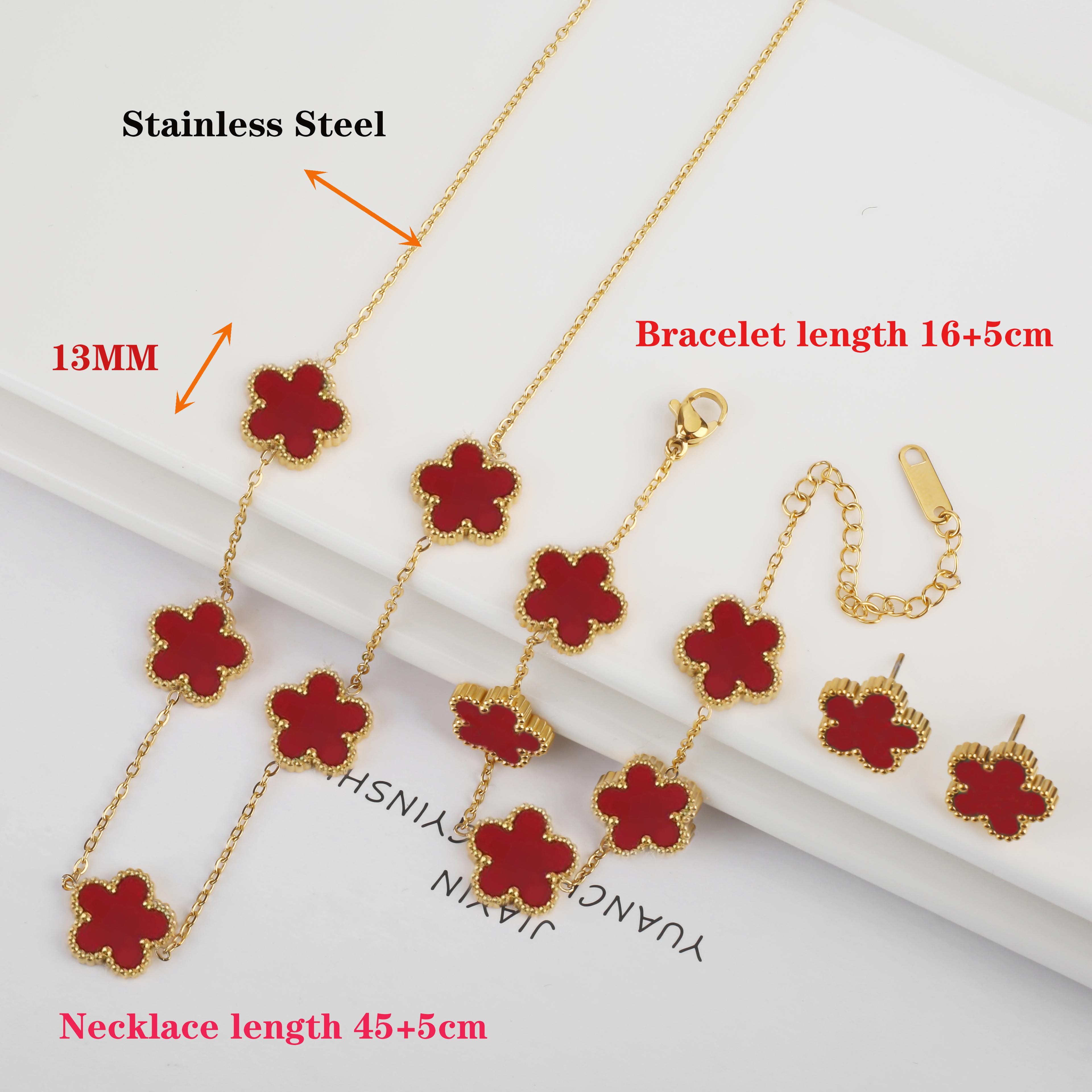 Elegant Stainless Steel Jewelry Set With Five Leaf Flower Necklace Bracelet  Earrings For Women 4