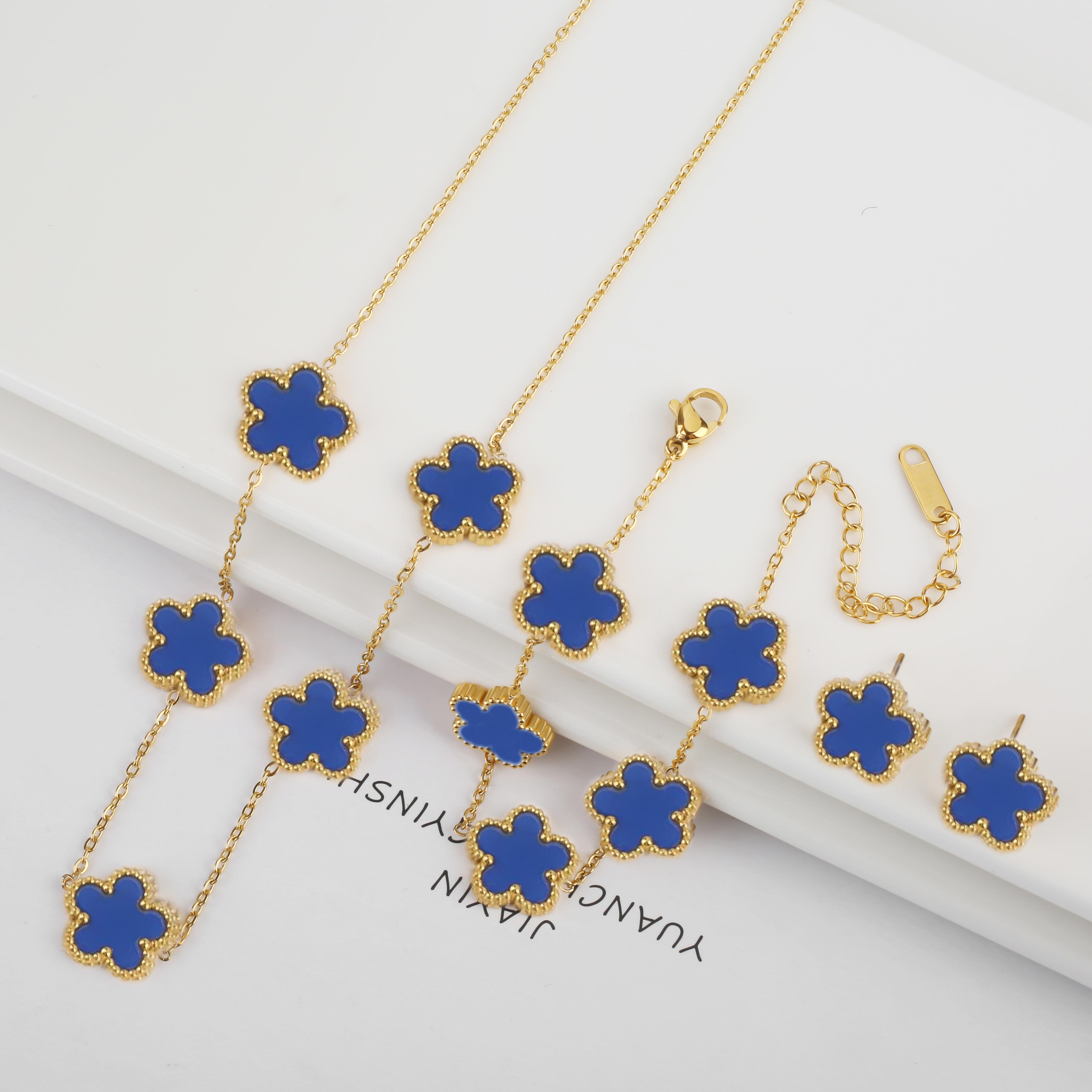 Elegant Stainless Steel Jewelry Set With Five Leaf Flower Necklace Bracelet  Earrings For Women 28