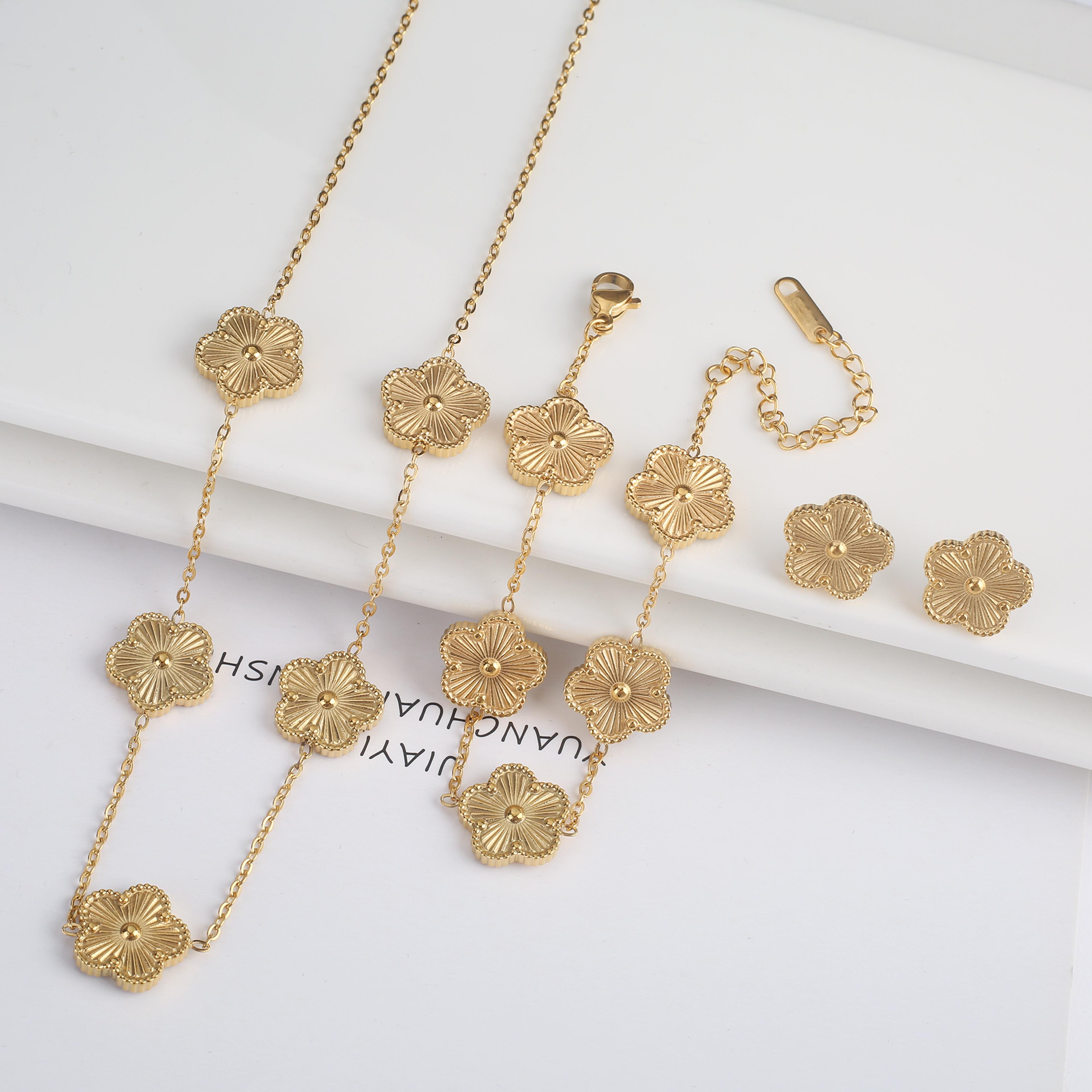 Elegant Stainless Steel Jewelry Set With Five Leaf Flower Necklace Bracelet  Earrings For Women 35