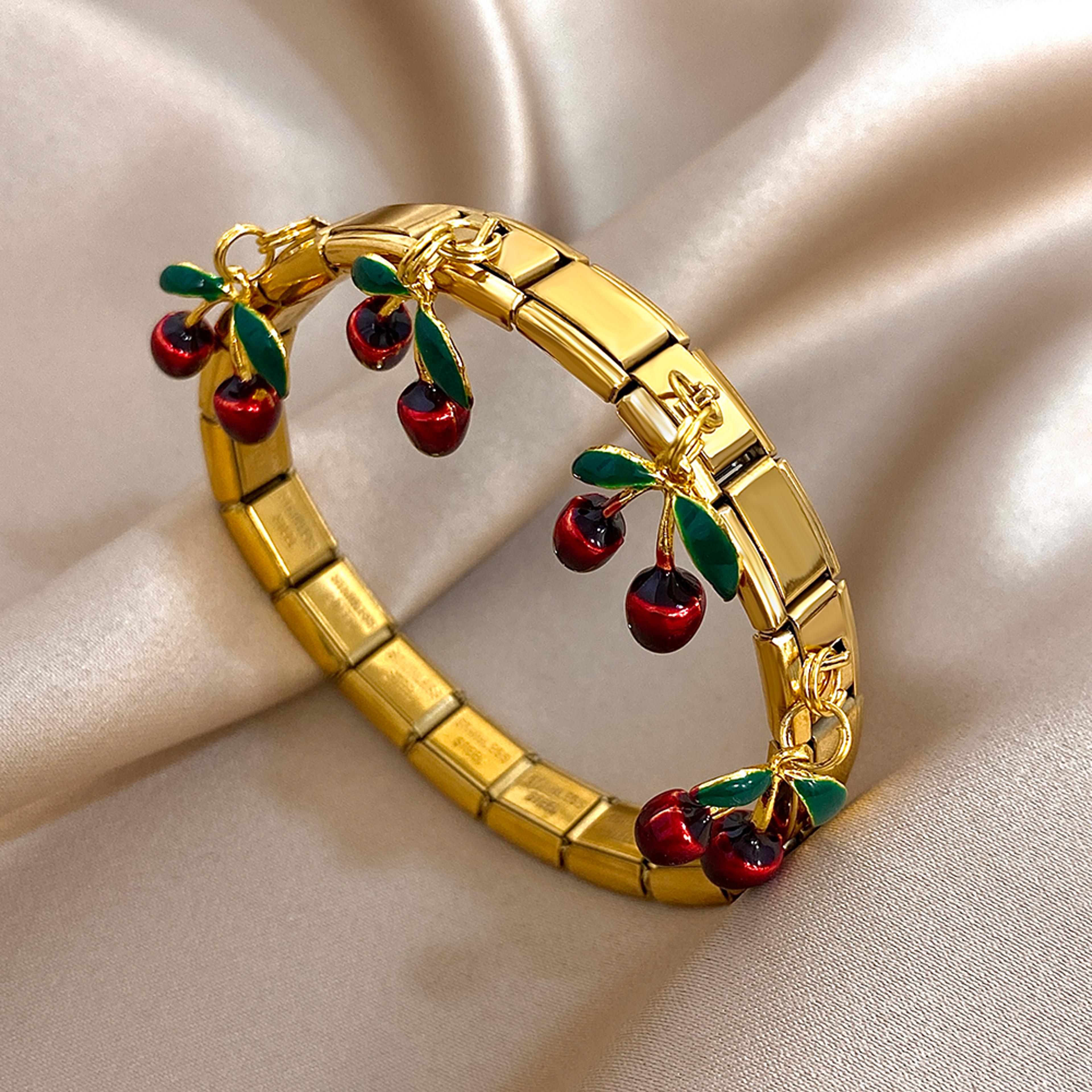 Geometric Stainless Steel Bracelet With Fruit Charm Elastic Cuff For Women 1