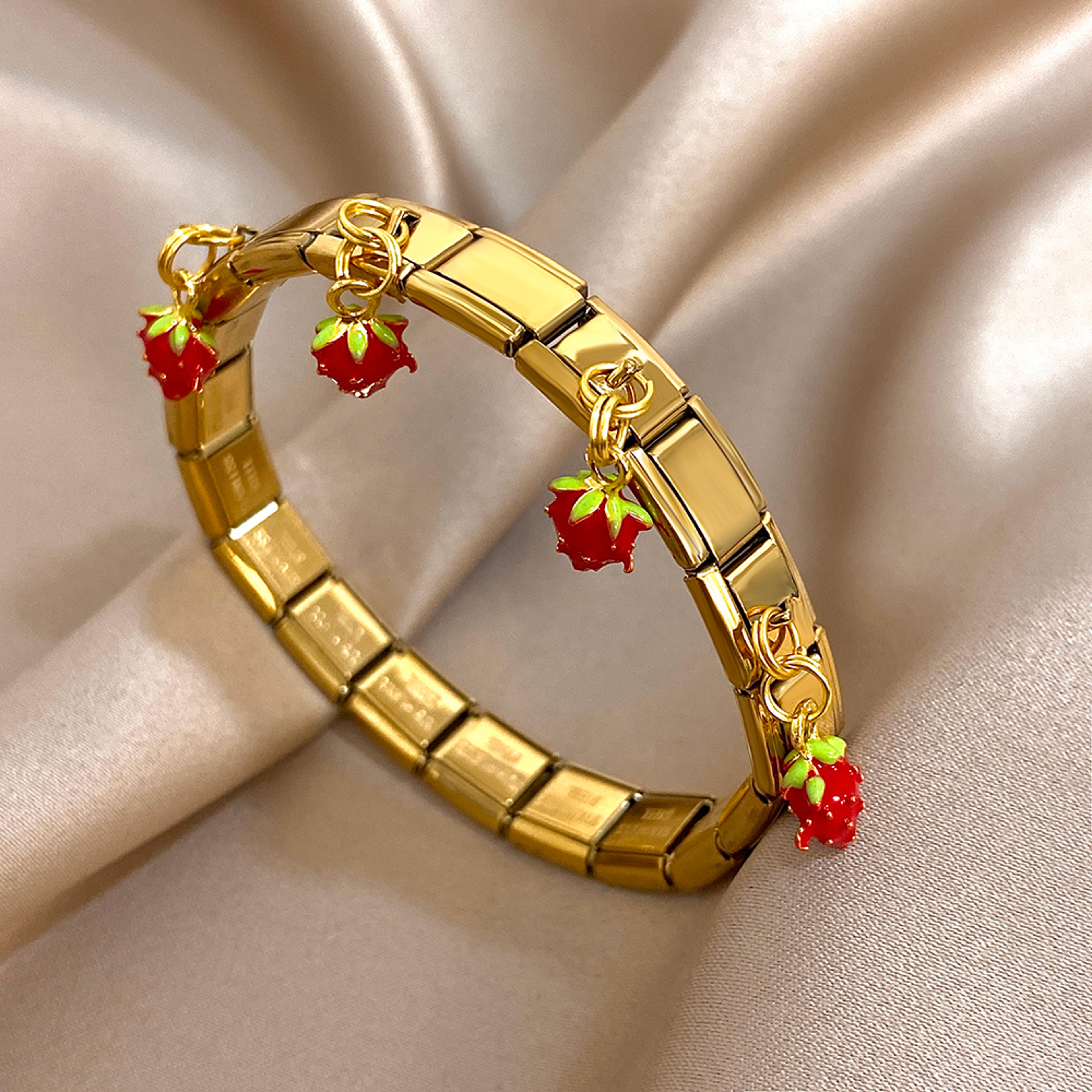Geometric Stainless Steel Bracelet With Fruit Charm Elastic Cuff For Women 3