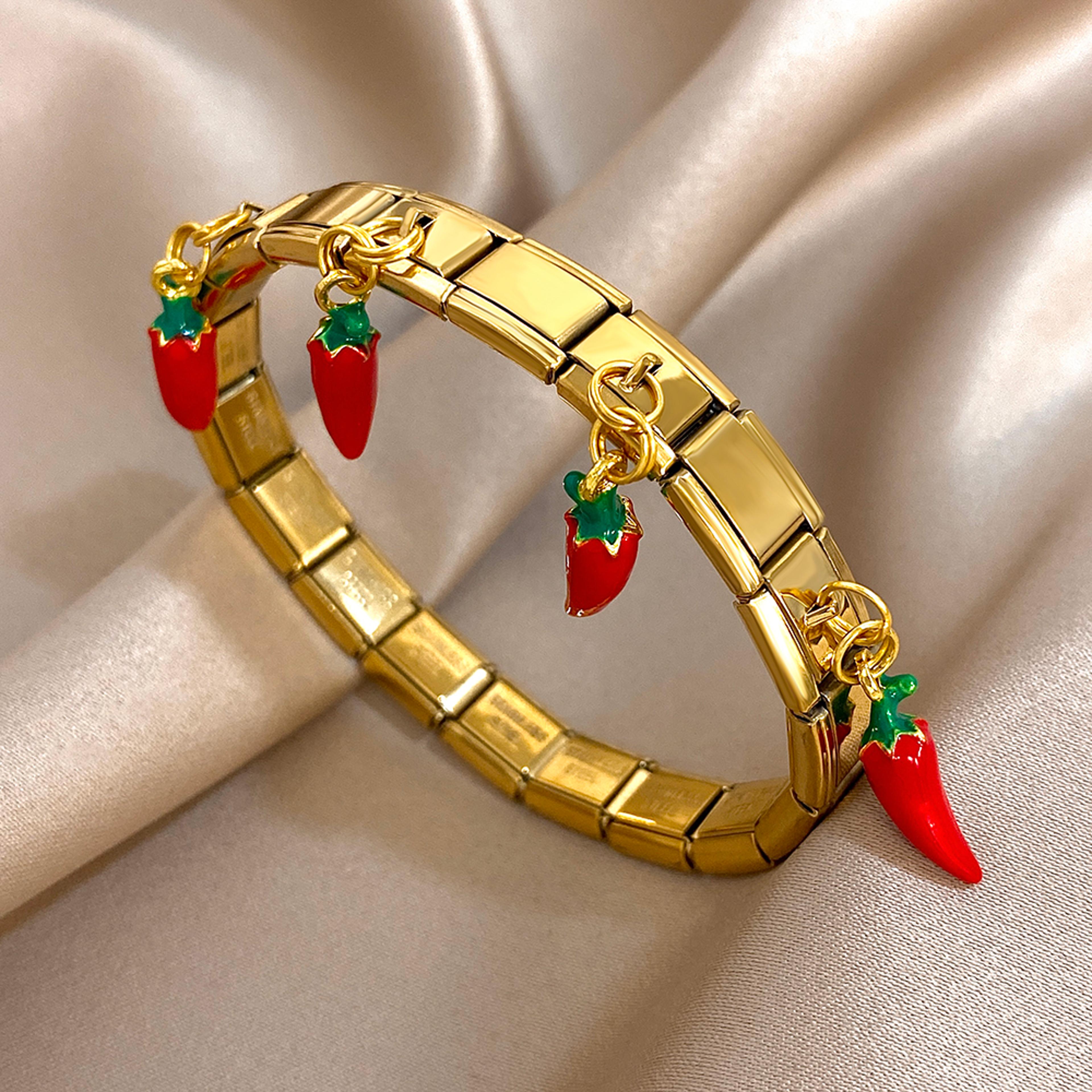 Geometric Stainless Steel Bracelet With Fruit Charm Elastic Cuff For Women 4