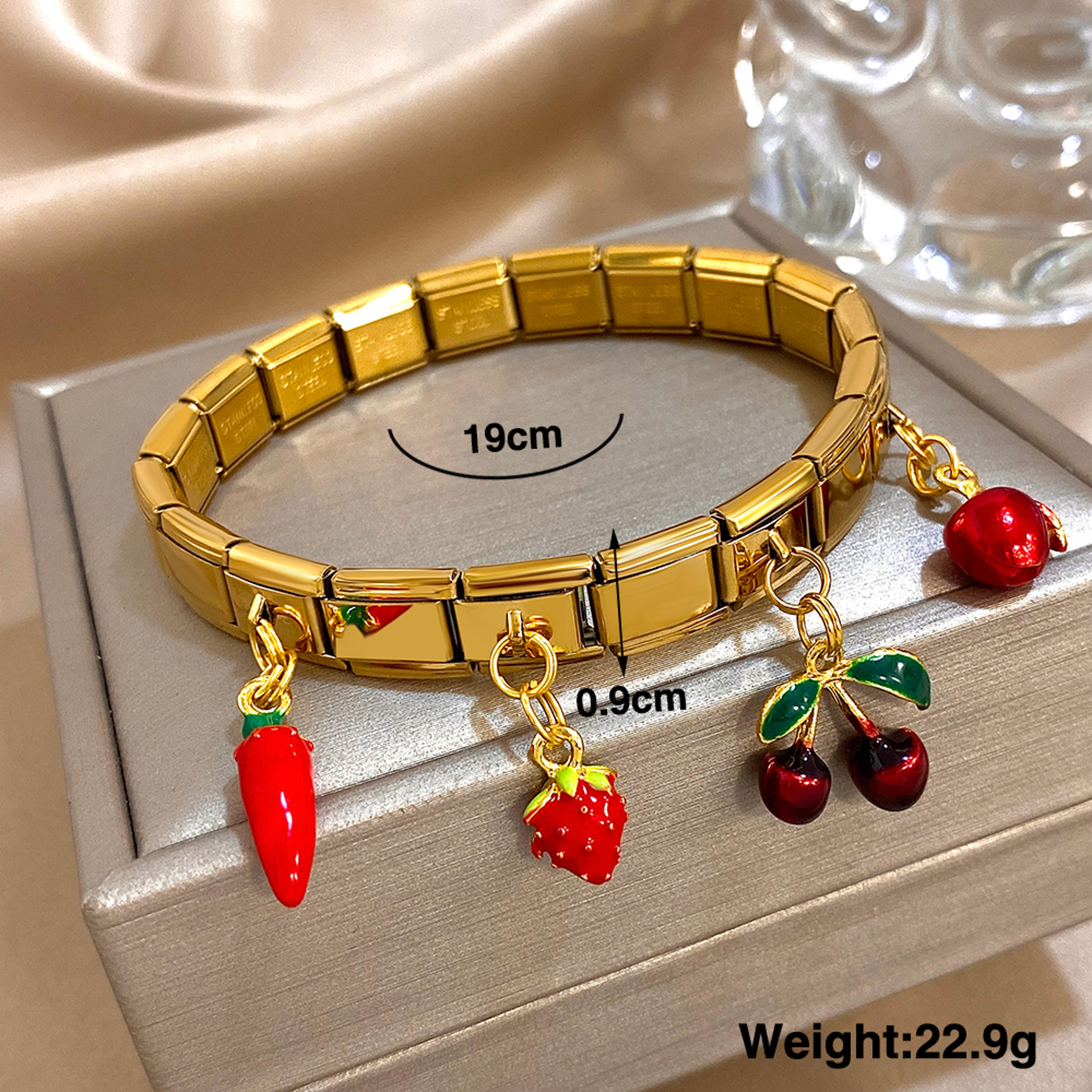 Geometric Stainless Steel Bracelet With Fruit Charm Elastic Cuff For Women 5