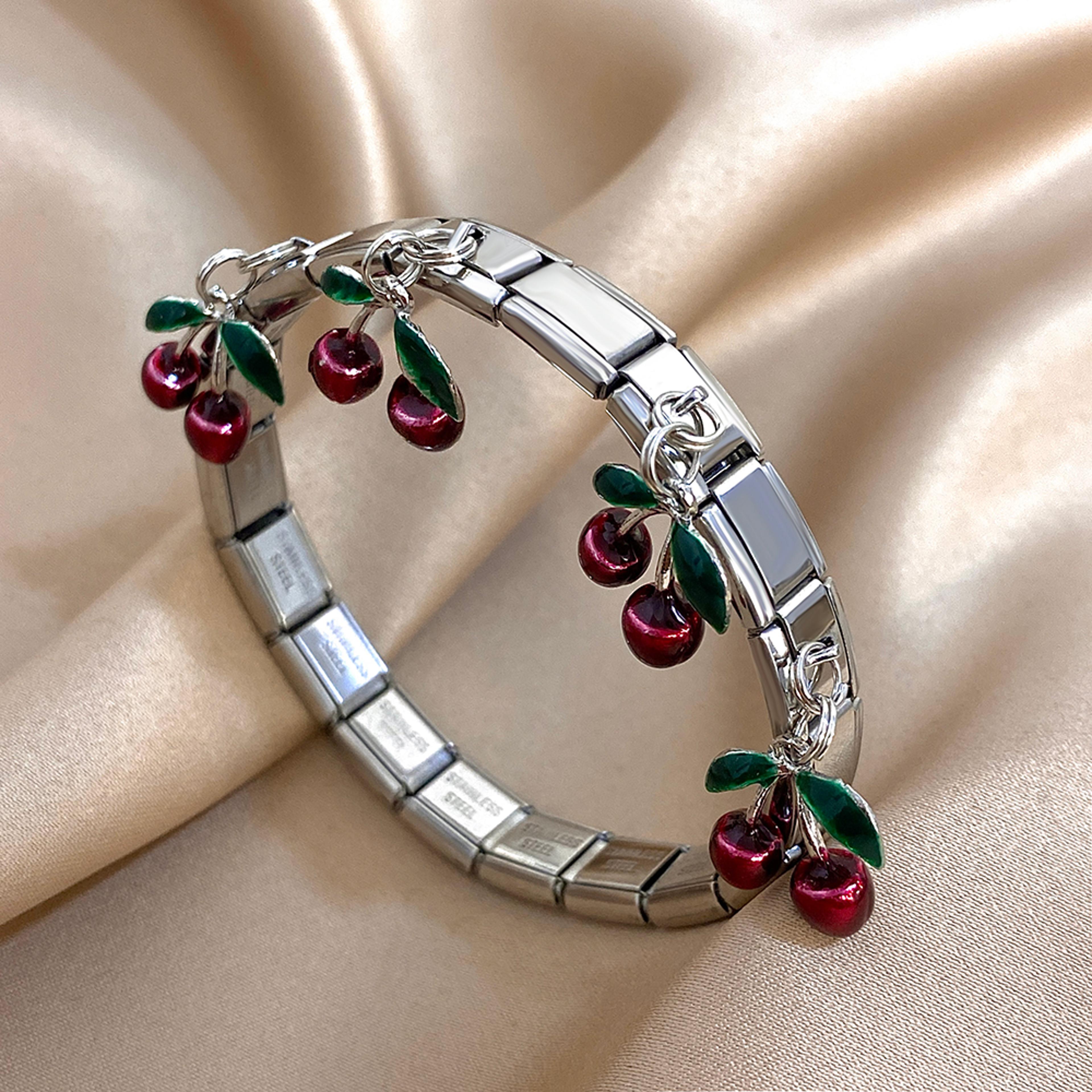 Geometric Stainless Steel Bracelet With Fruit Charm Elastic Cuff For Women 9