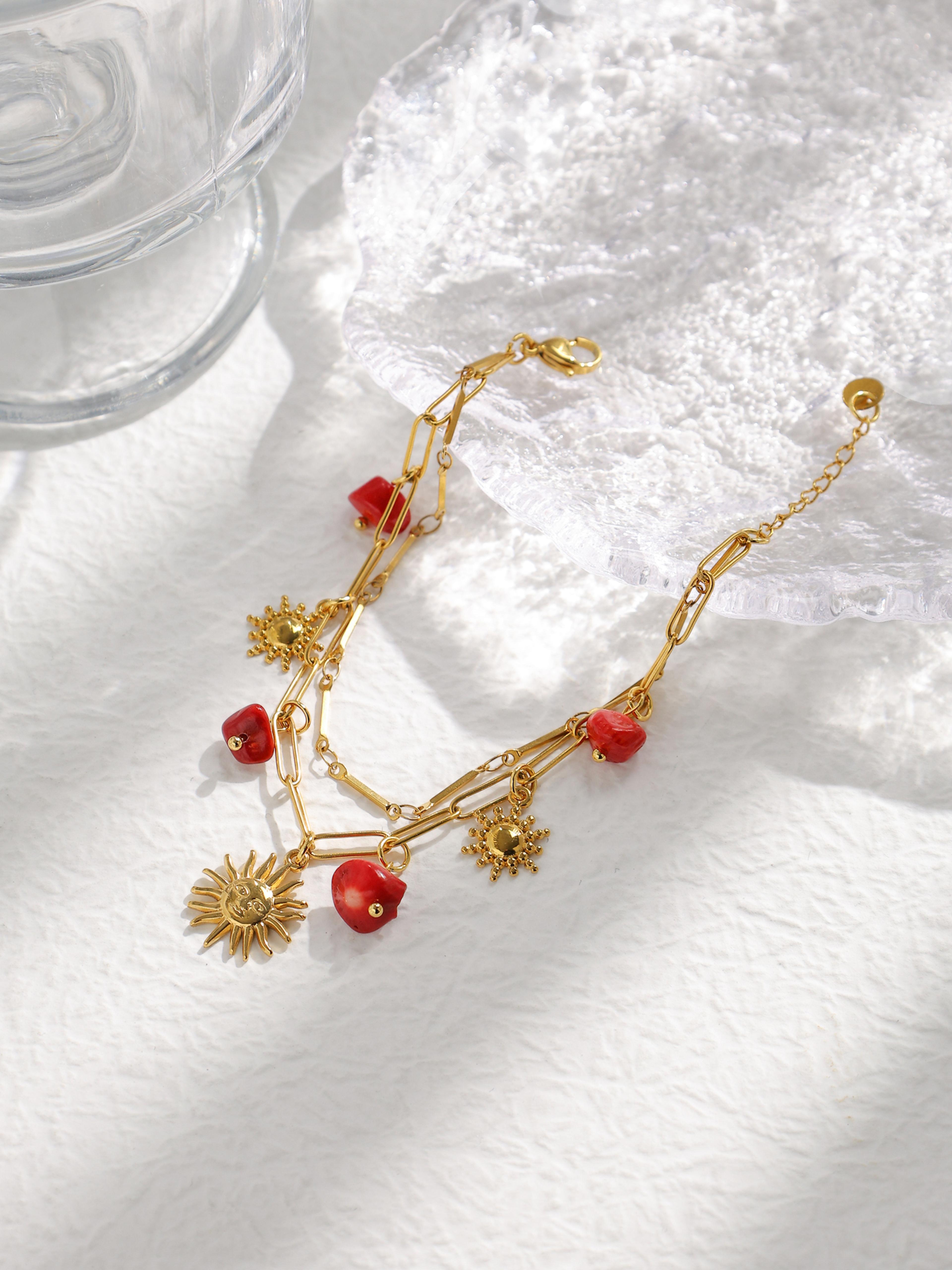 Gold Stainless Steel Sun Pendant Bracelet With Natural Stone For Women Waterproof Jewelry Gift 3