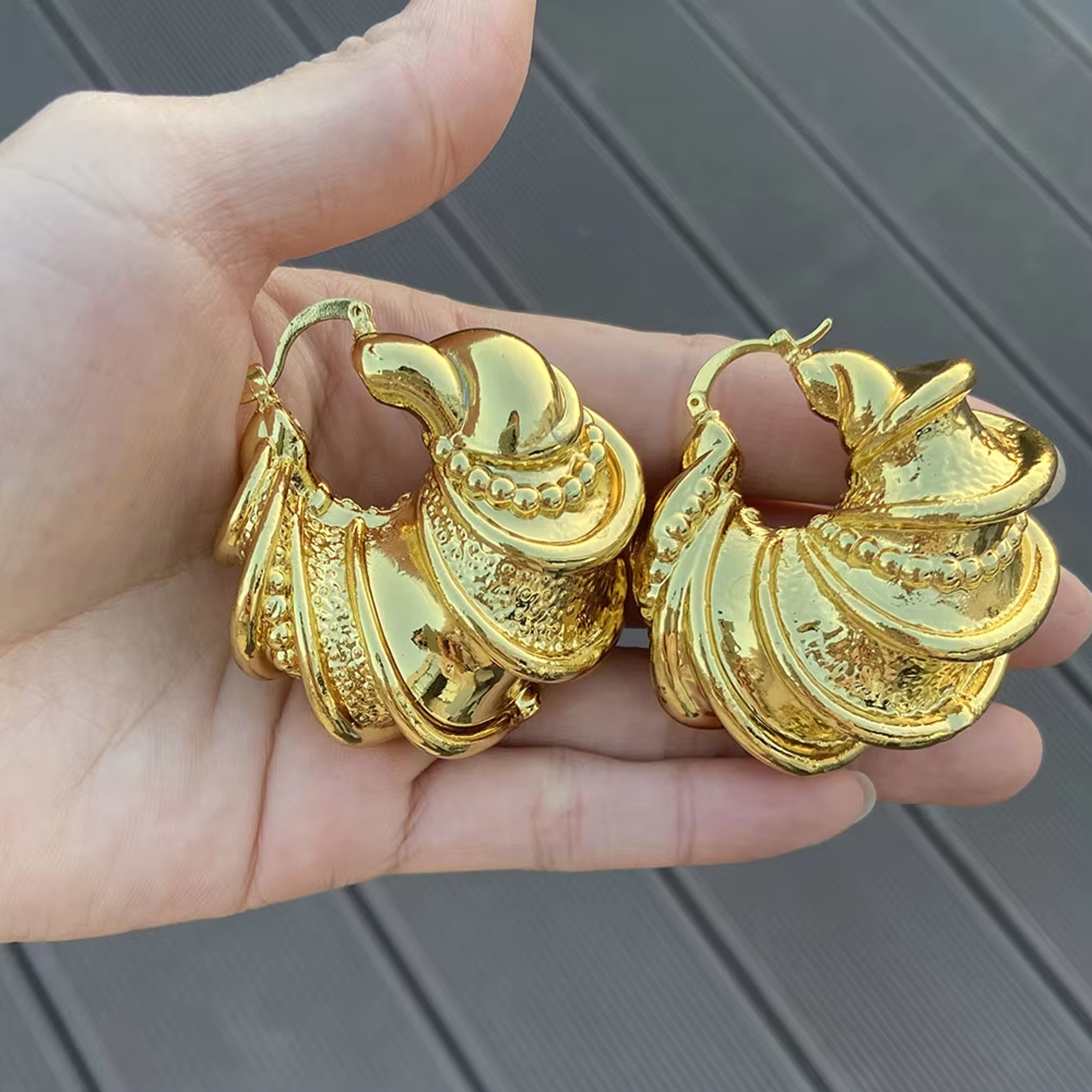 Elegant Gold Hoop Earrings With Floral Design Gold Color For Everyday Wear 7