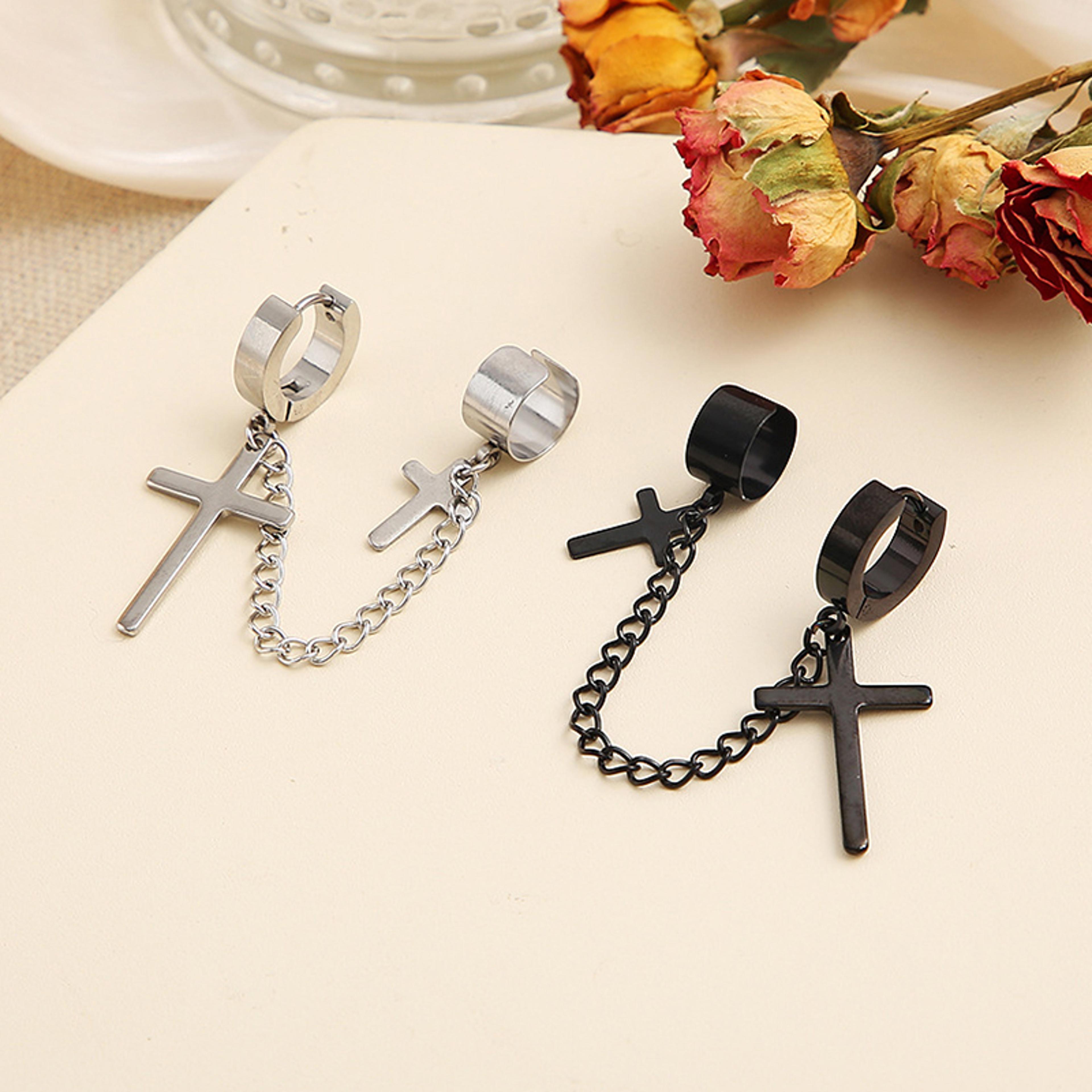Retro Cross Clip Earring With Chain Tassel Punk Ear Cuff Earring For Women  Men 3