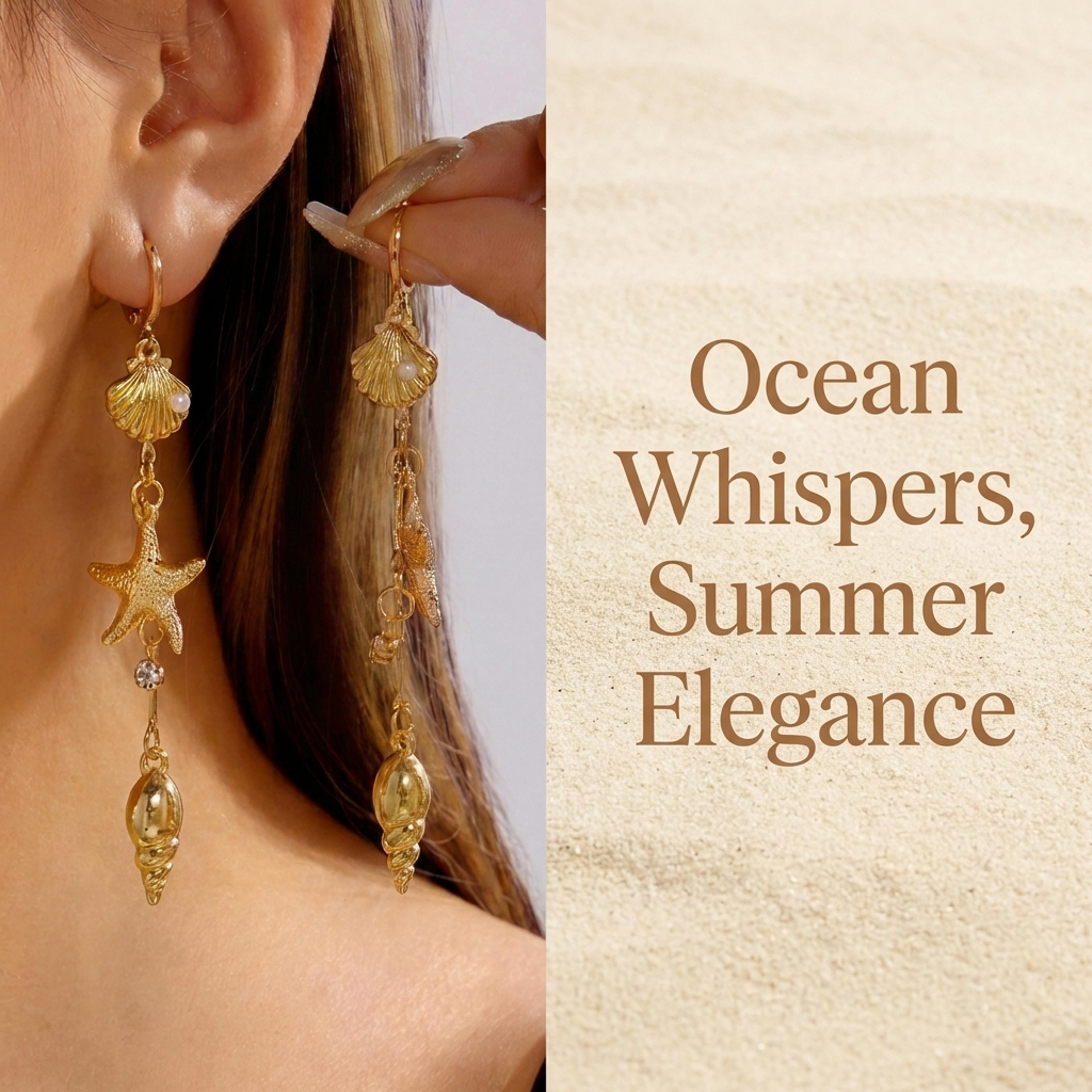 Mermaid Shell Pearl Starfish Long Drop Earrings For Women Beach Jewelry 3