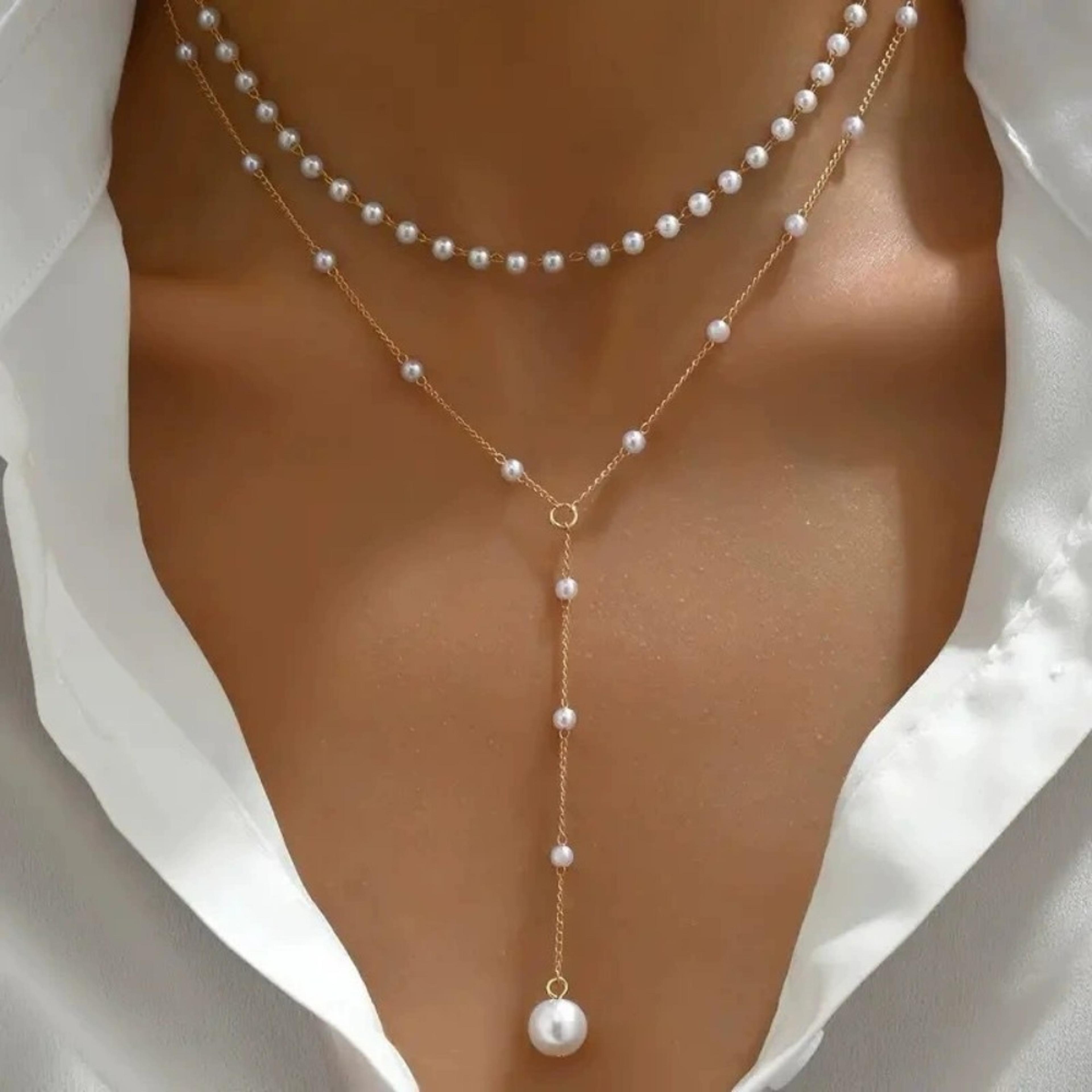 elegant pearl choker necklace double layered korean tassel pendant necklace for women