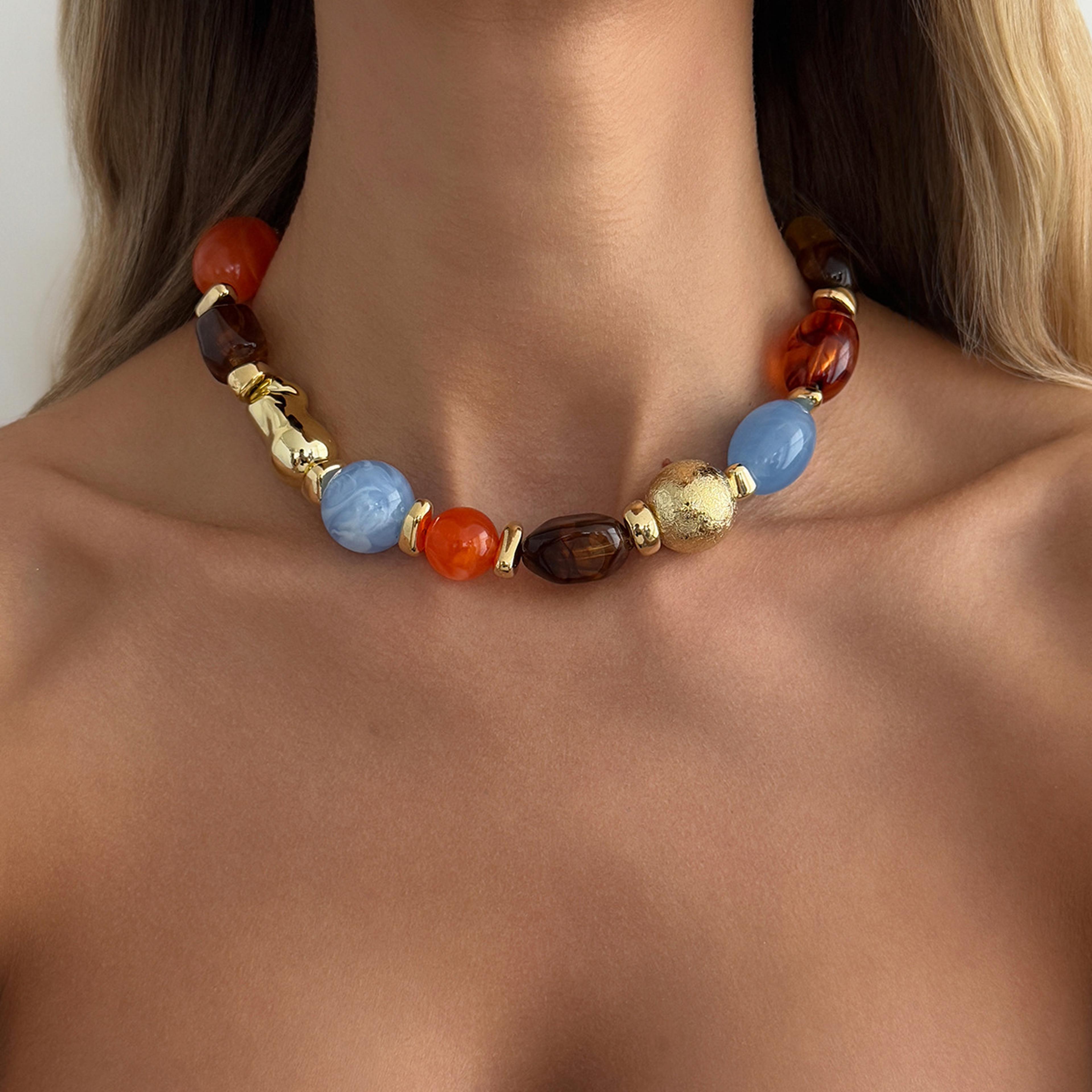 Colorful Acrylic Resin Statement Choker Necklace For Women Adjustable Vintage Beaded Jewelry 3