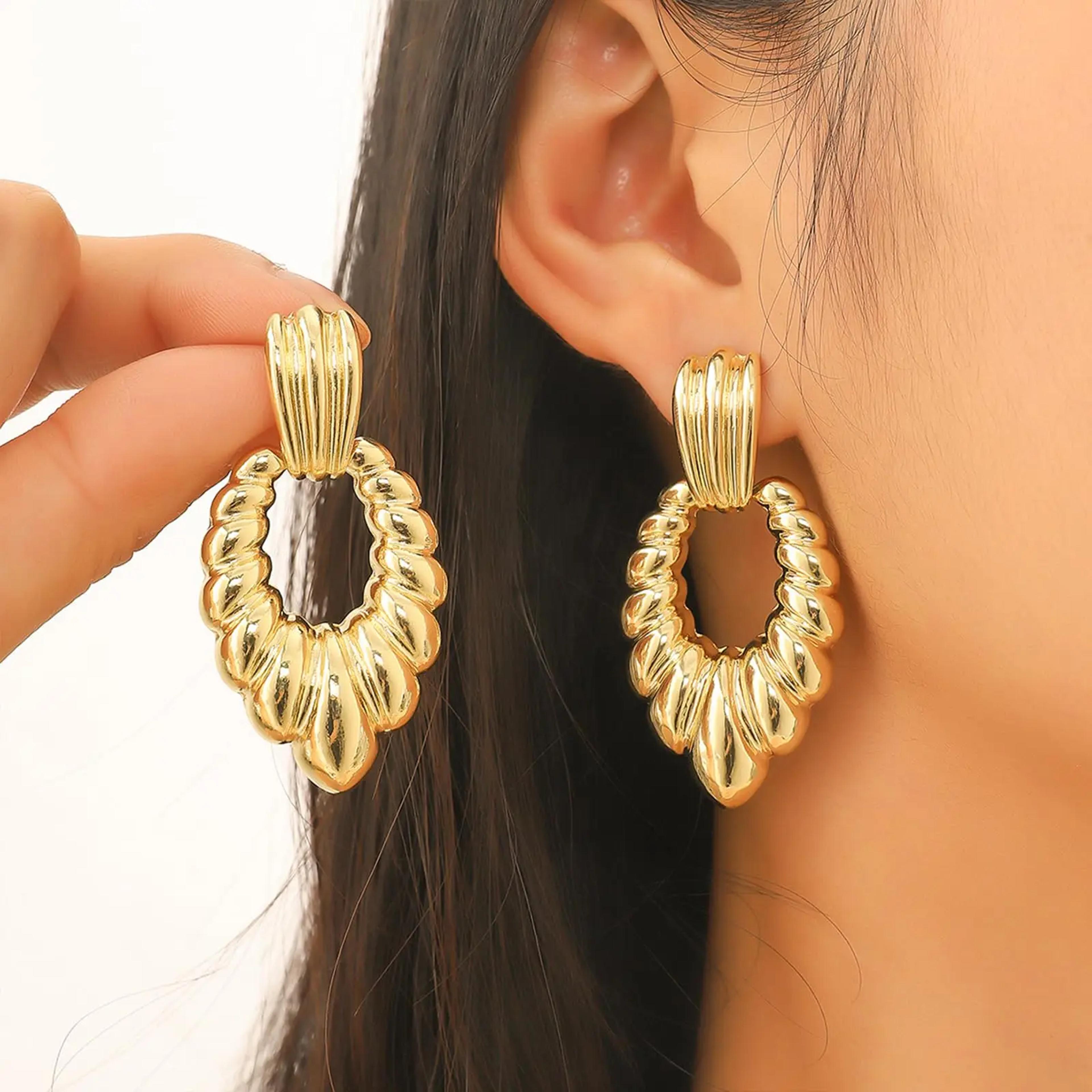 Vintage Gold Statement Stud Earrings For Women Geometric Floral Textured Chunky Design 3