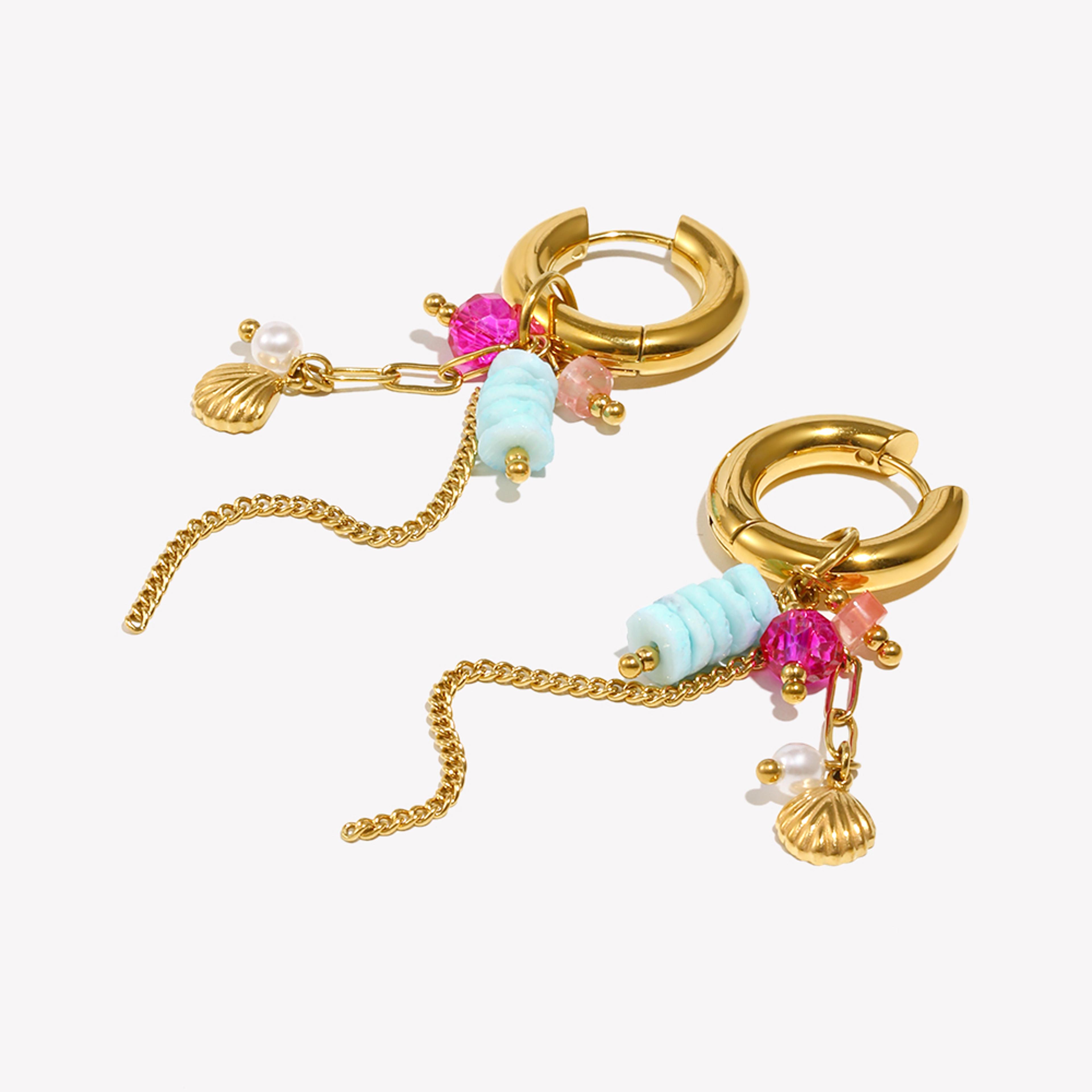 Shell Hoop Earrings With Pearl  Natural Stone Gold Plated Beach Jewelry 3