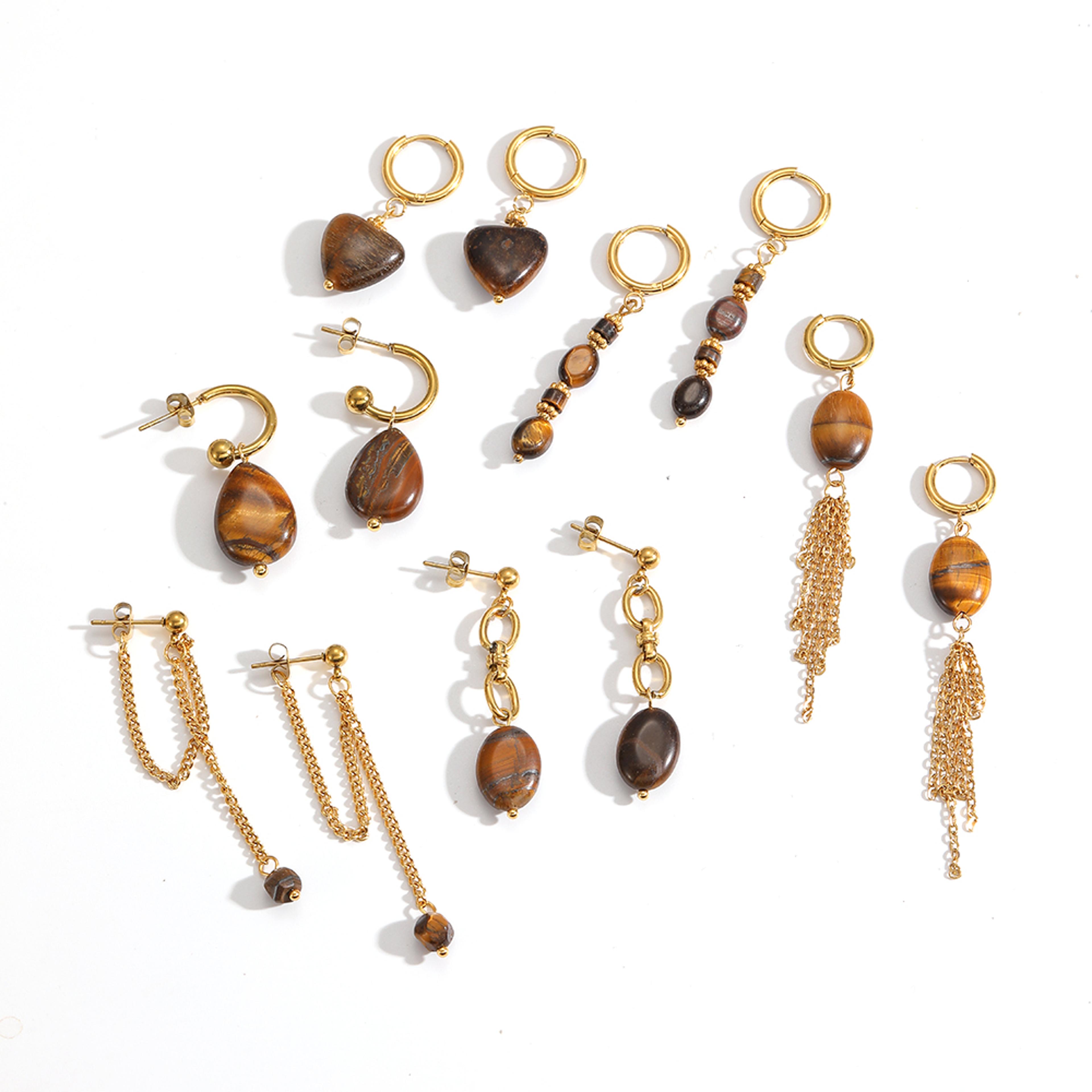 Natural Tiger Eye Earrings In Gold Plated Stainless Steel For Women 2