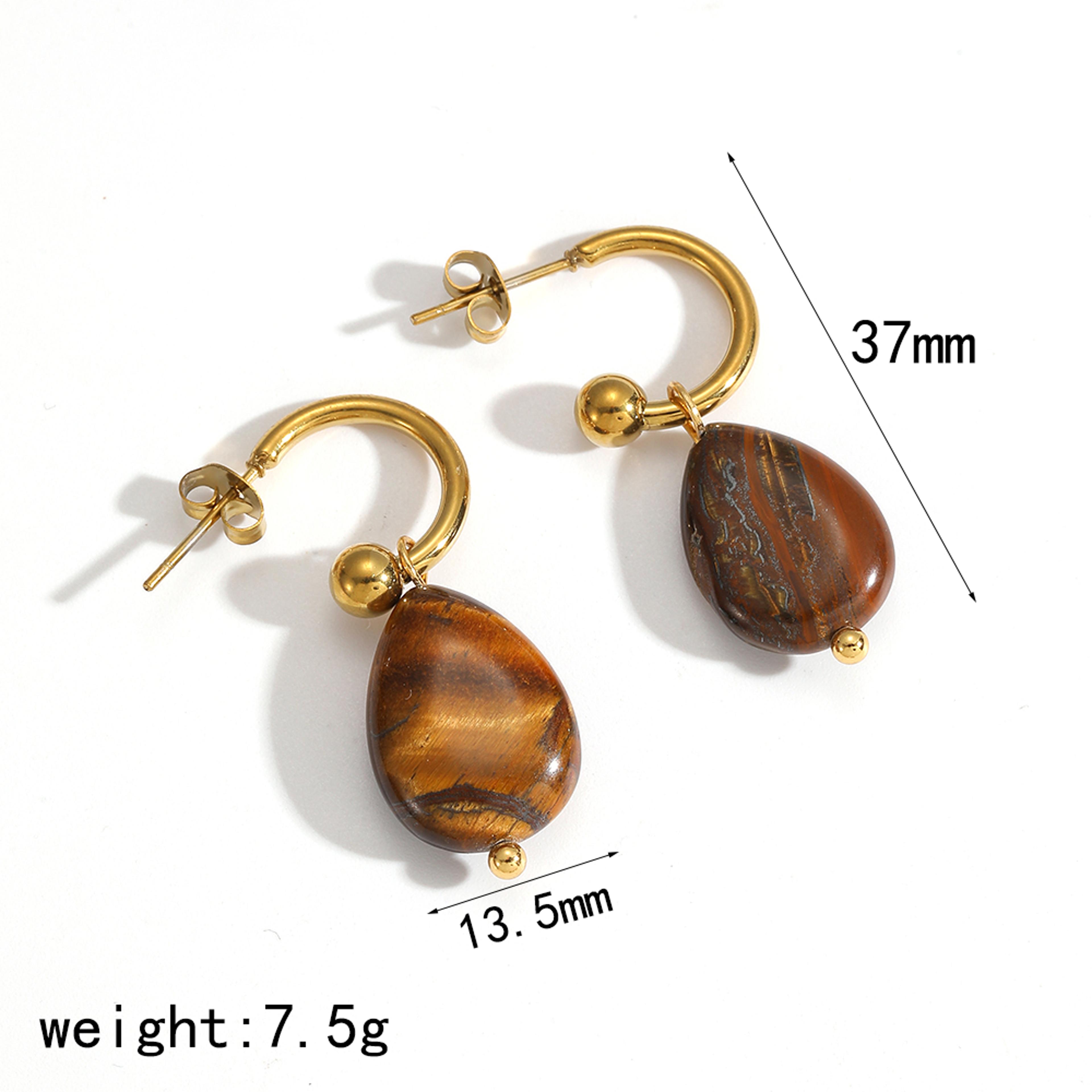 Natural Tiger Eye Earrings In Gold Plated Stainless Steel For Women 4