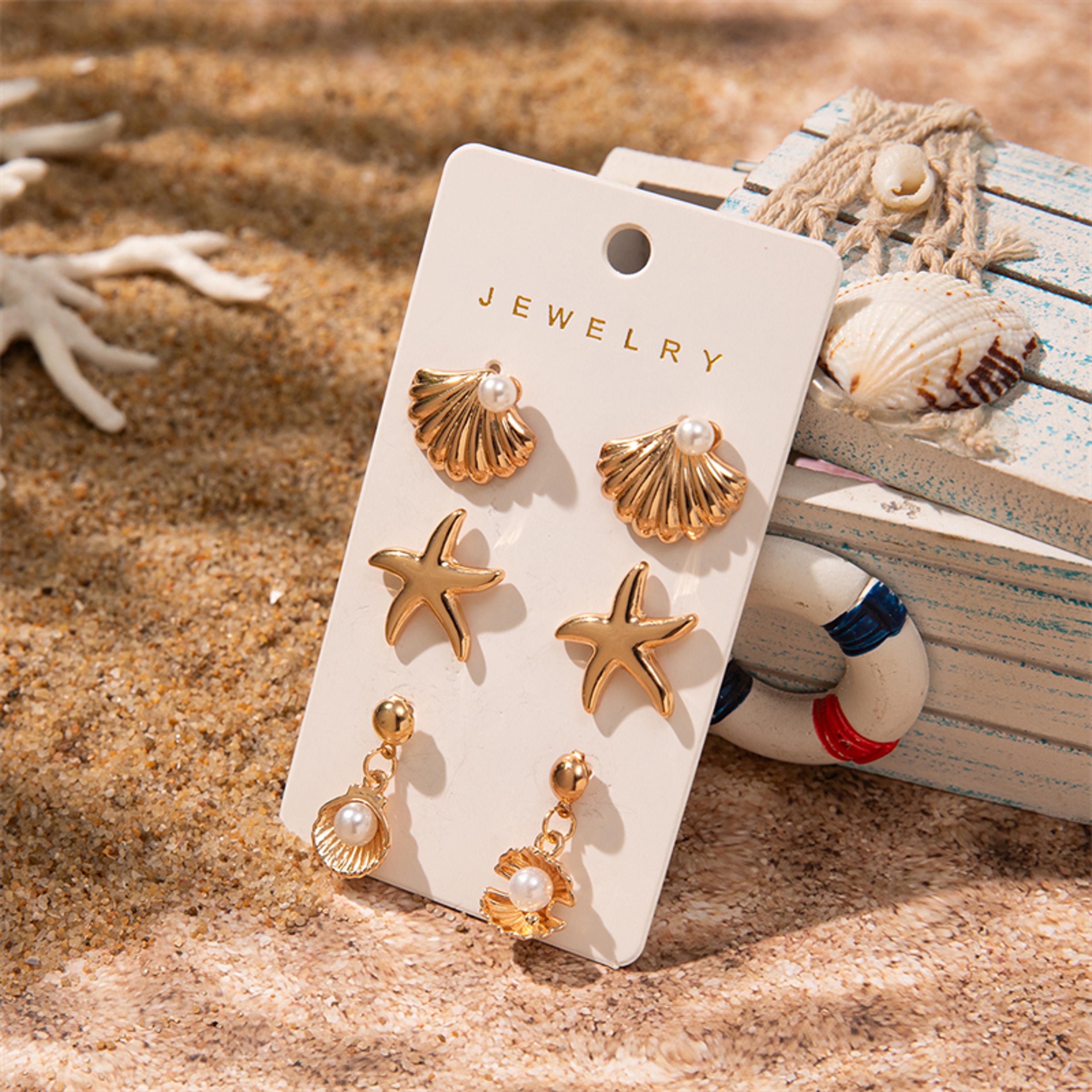Starfish Earrings  Shell Earrings Gold Plated Pearl Earrings Set For Women 8