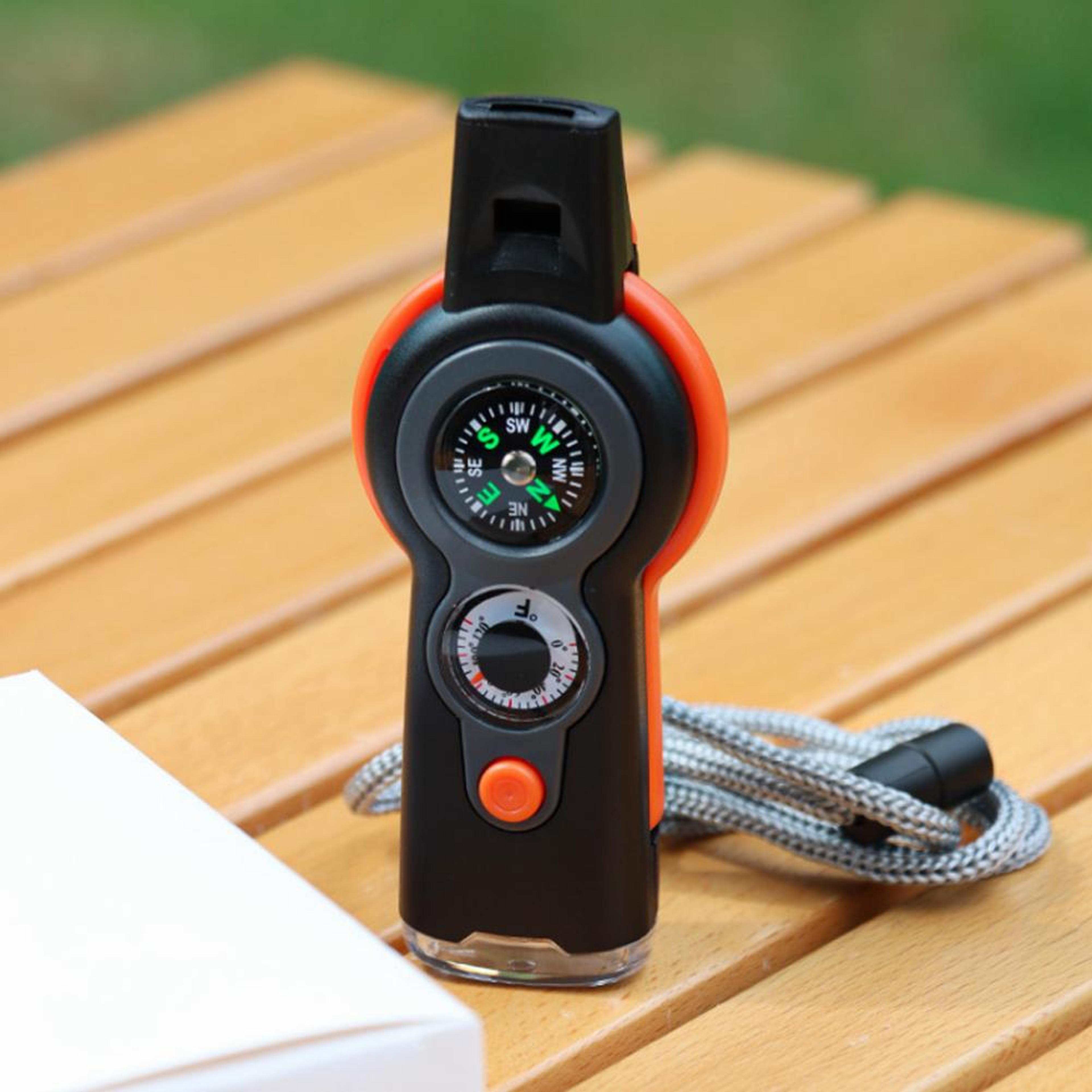 survival whistle with led light, compass & thermometer for camping and hiking