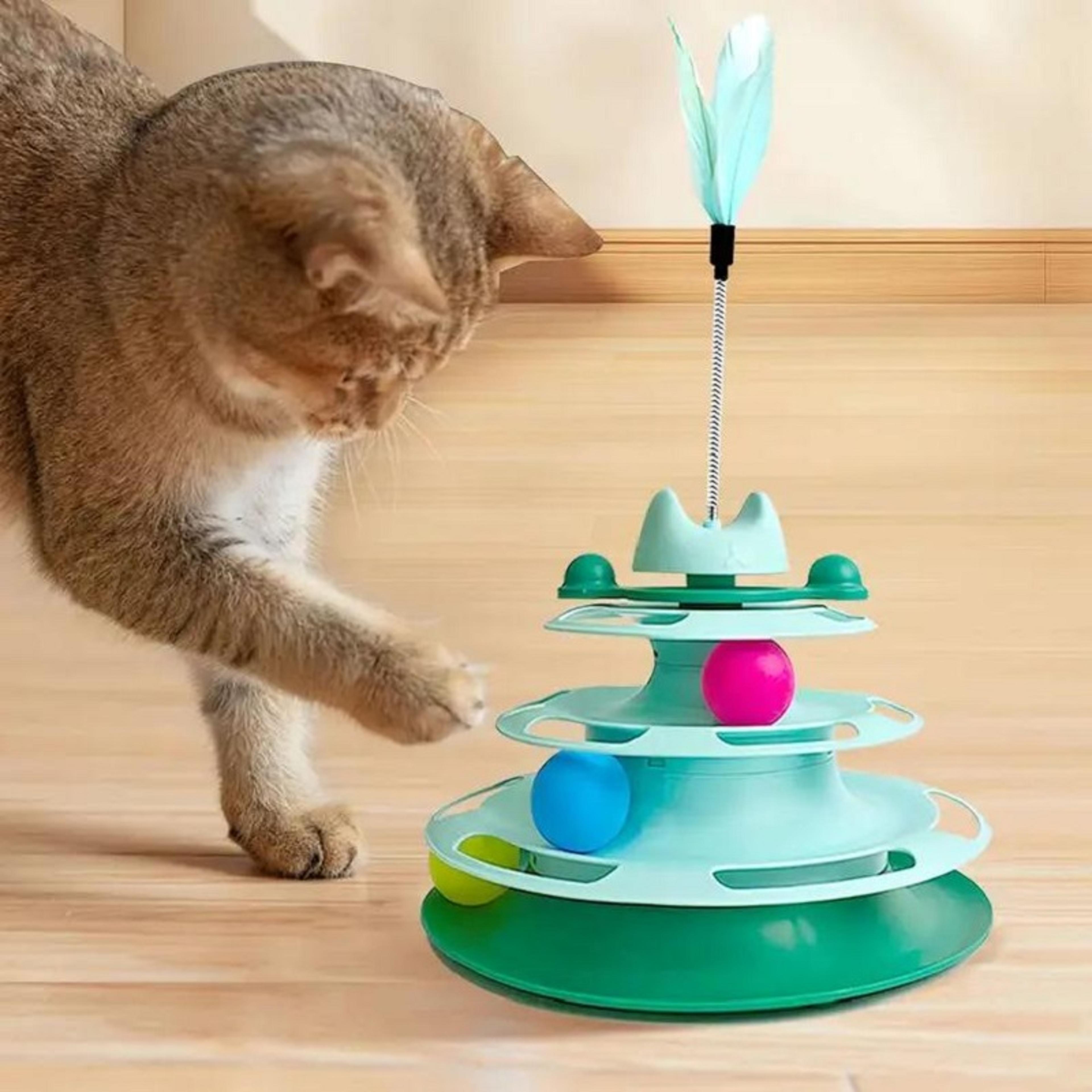 interactive cat toy tower with roller balls & feather cat track toy