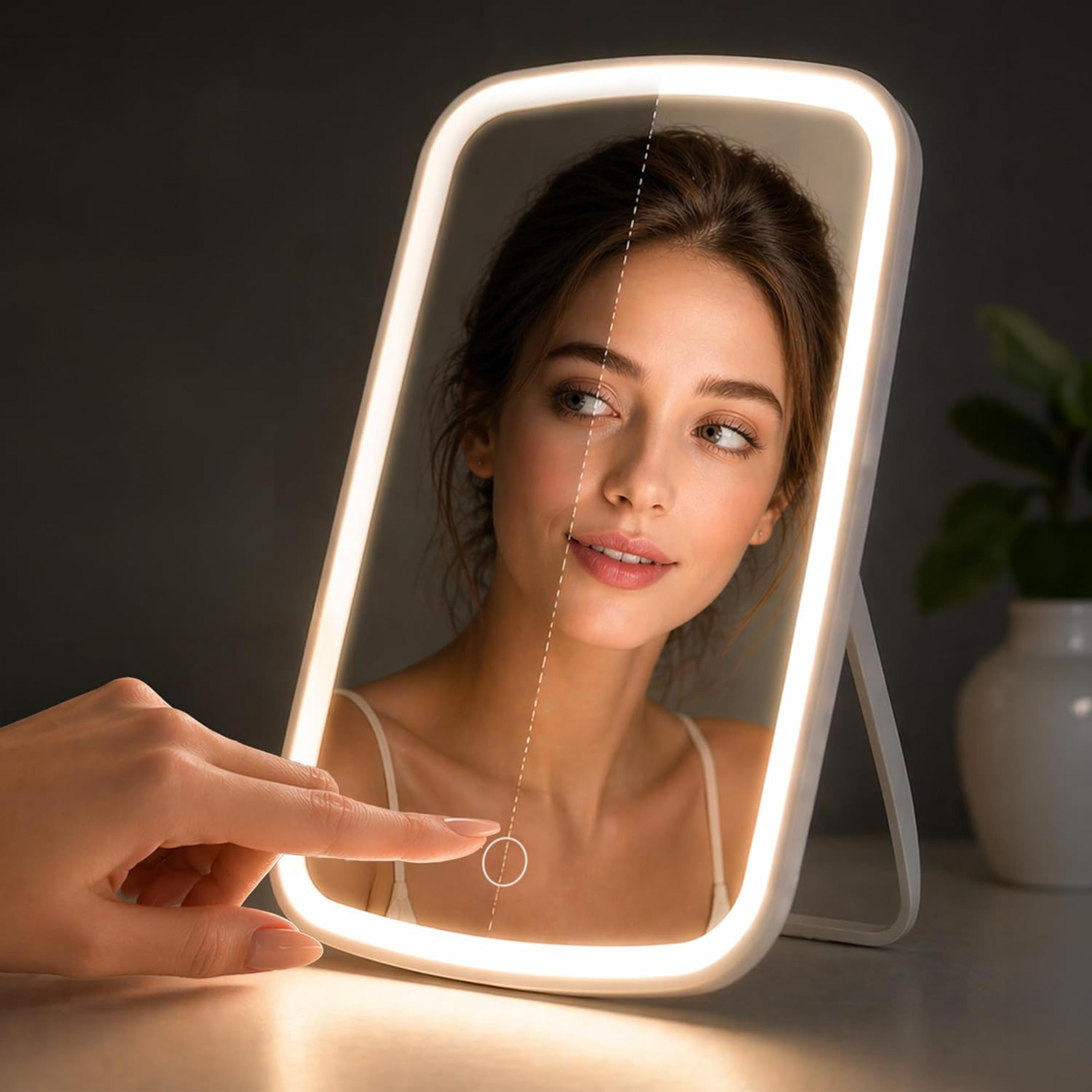 portable led makeup mirror with stand, color lights, folding travel makeup mirror for desk & on the go