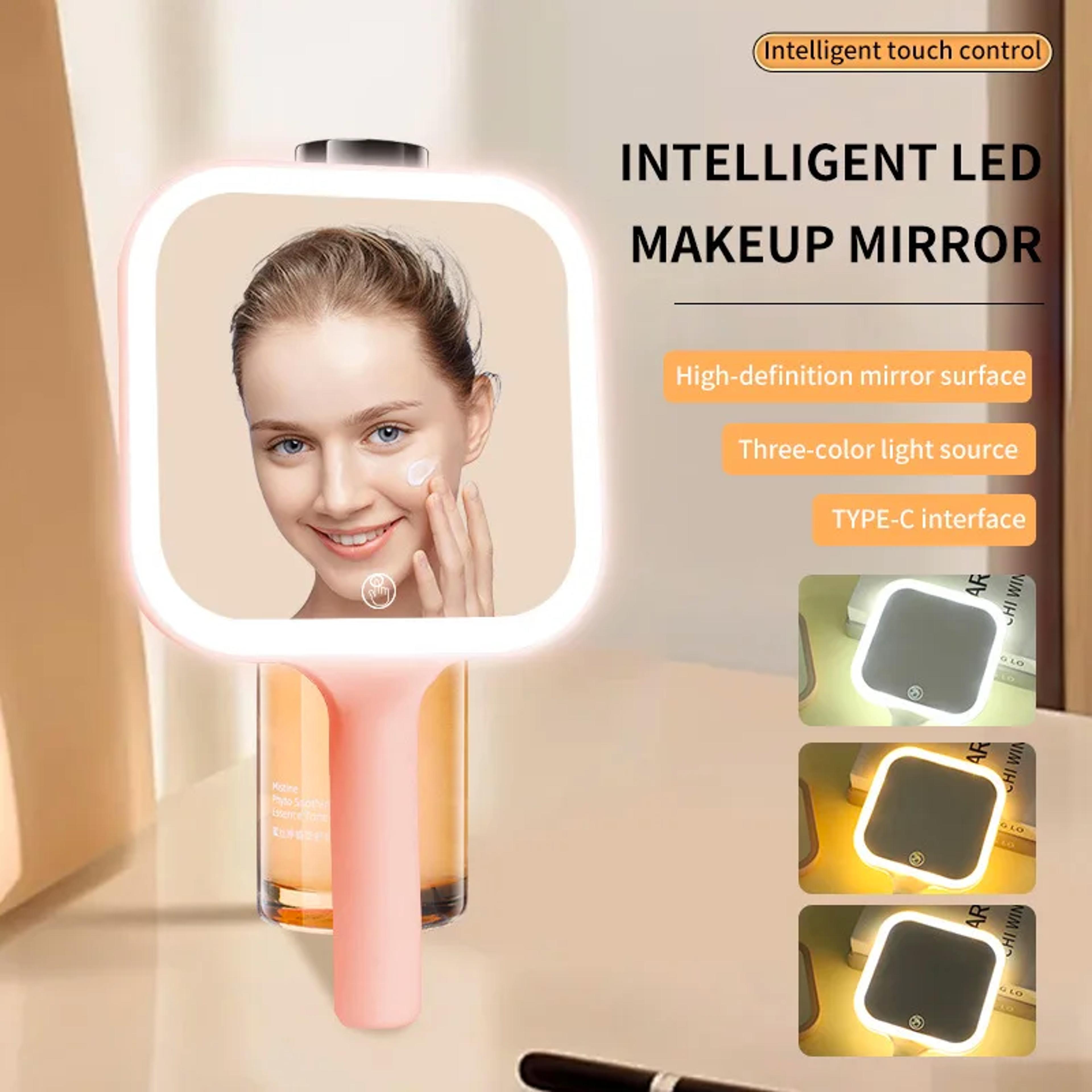 LED Makeup Mirror With Color Lights Portable Handheld Vanity Mirror With Touch Dimming Handle 7