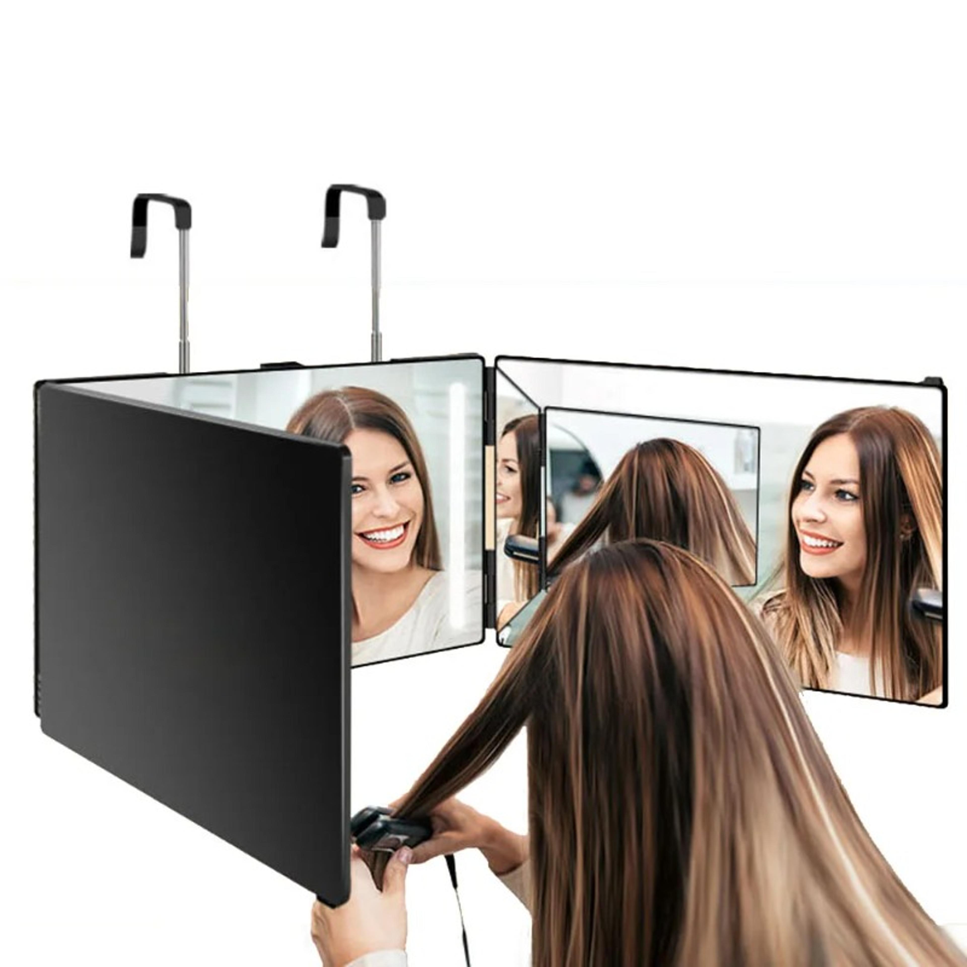 way mirror with adjustable hook trifold hair cutting & makeup mirror