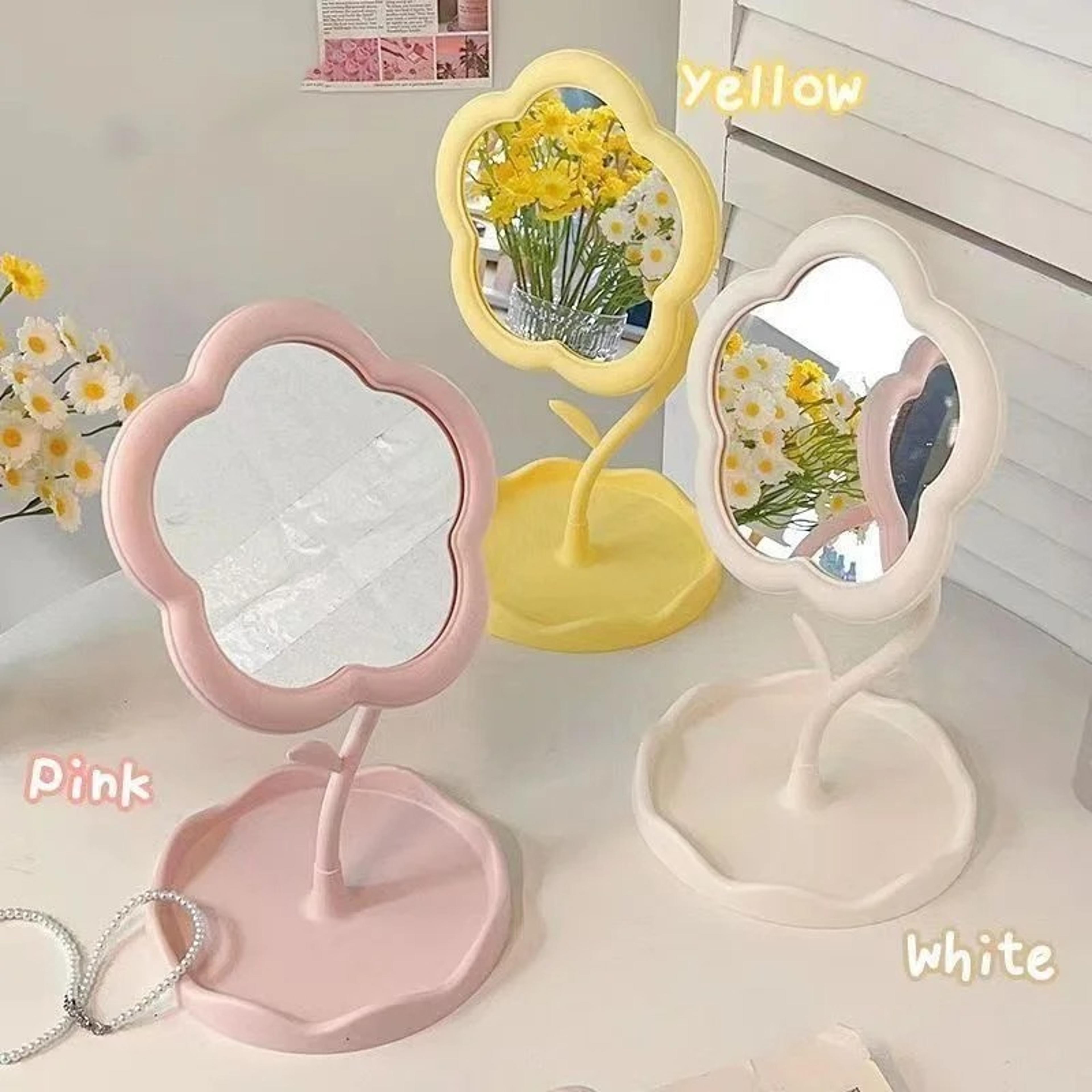 flower rotating makeup mirror with storage tray | aesthetic vanity mirror for desk, bedroom & dorm