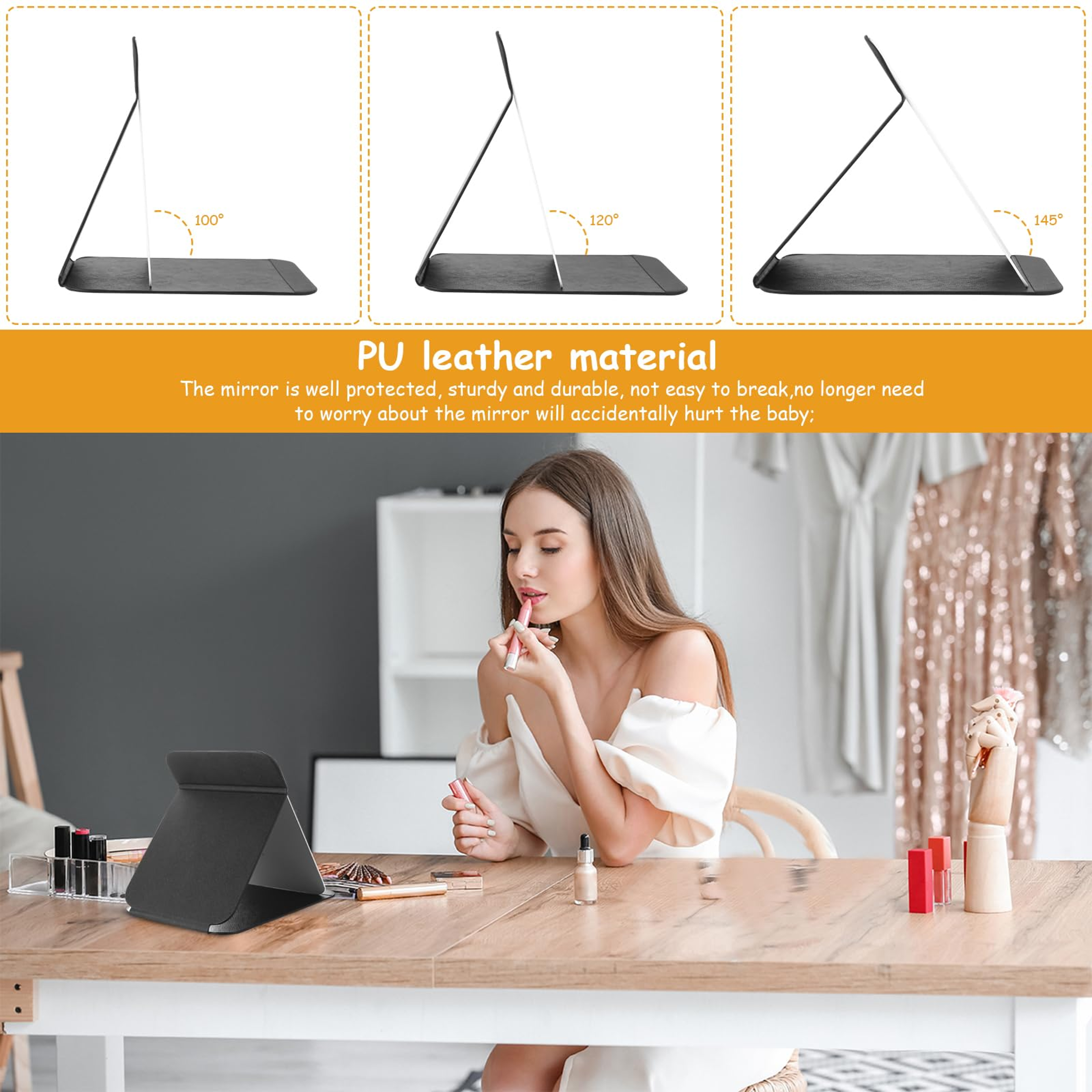 Portable Folding Makeup Mirror With PU Leather Cover Desktop Travel Makeup Mirror For Vanity 5