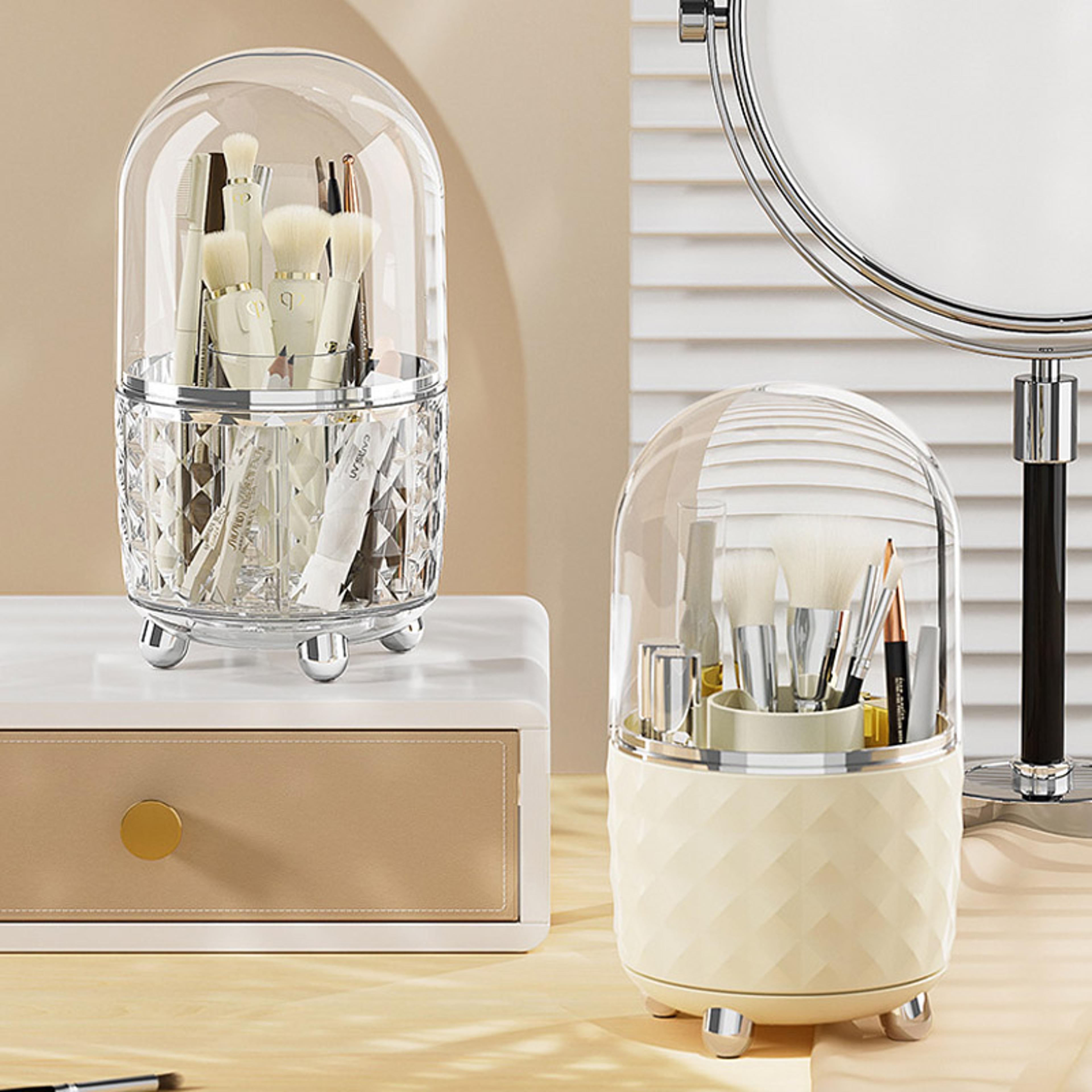 360 Rotating Makeup Brush Organizer With Dustproof Lid And Cosmetic Storage Compartments 1