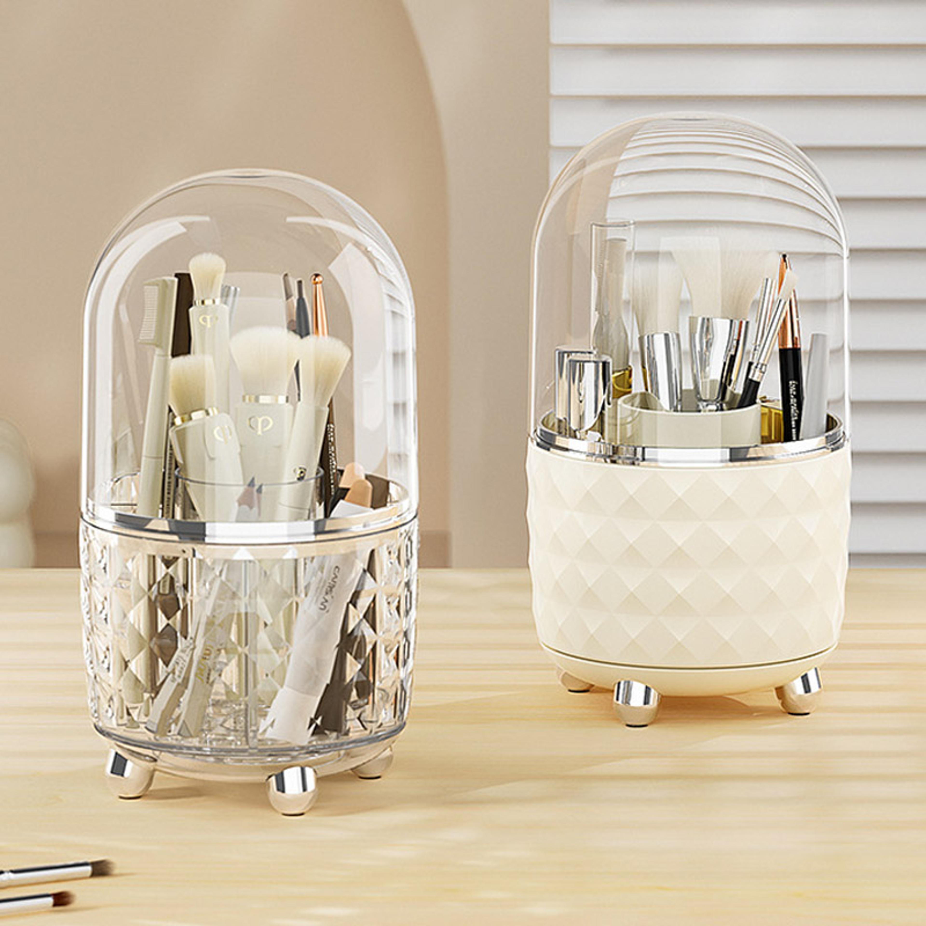360 Rotating Makeup Brush Organizer With Dustproof Lid And Cosmetic Storage Compartments 2
