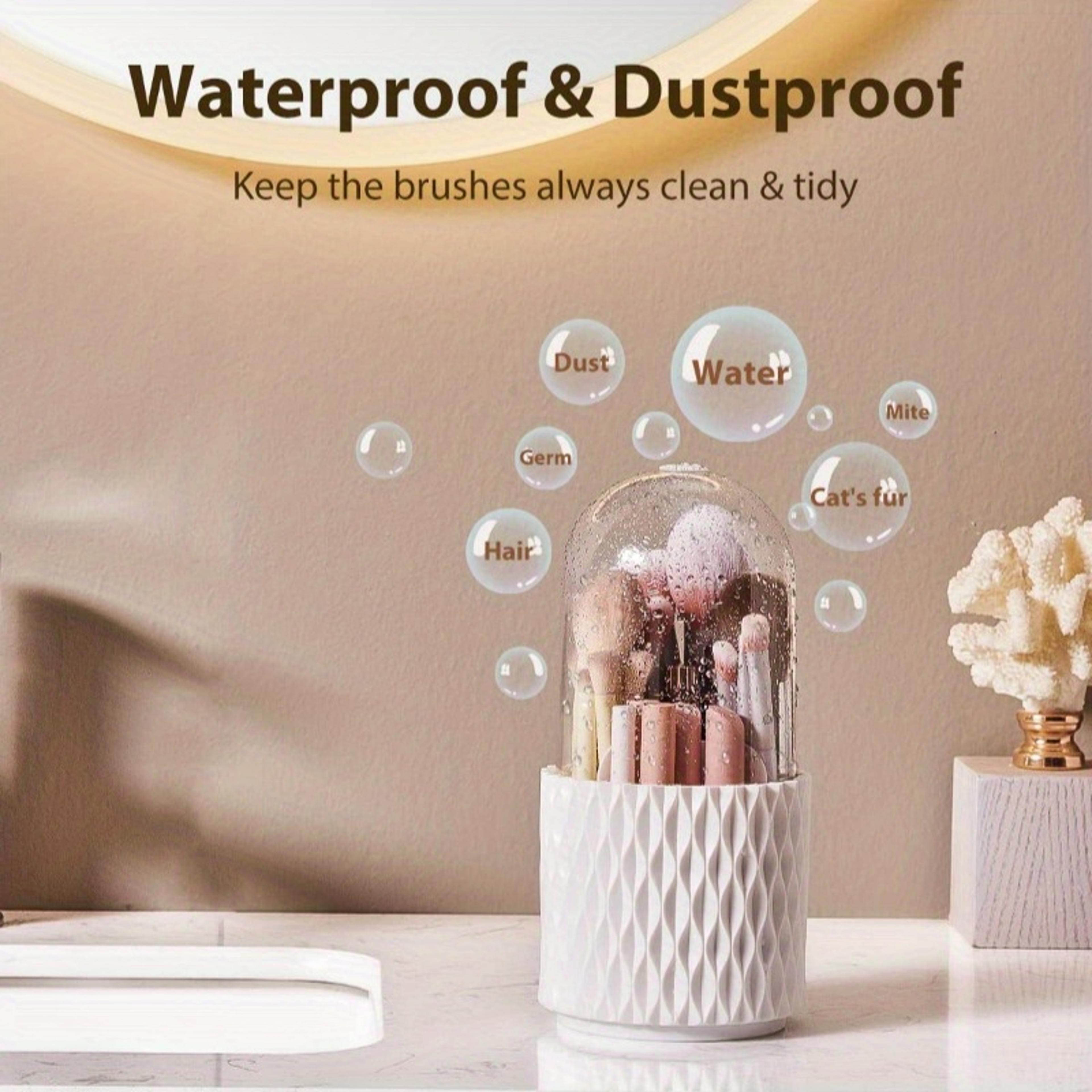 360 Rotating Makeup Brush Holder With Lid Dustproof Vanity Organizer 4