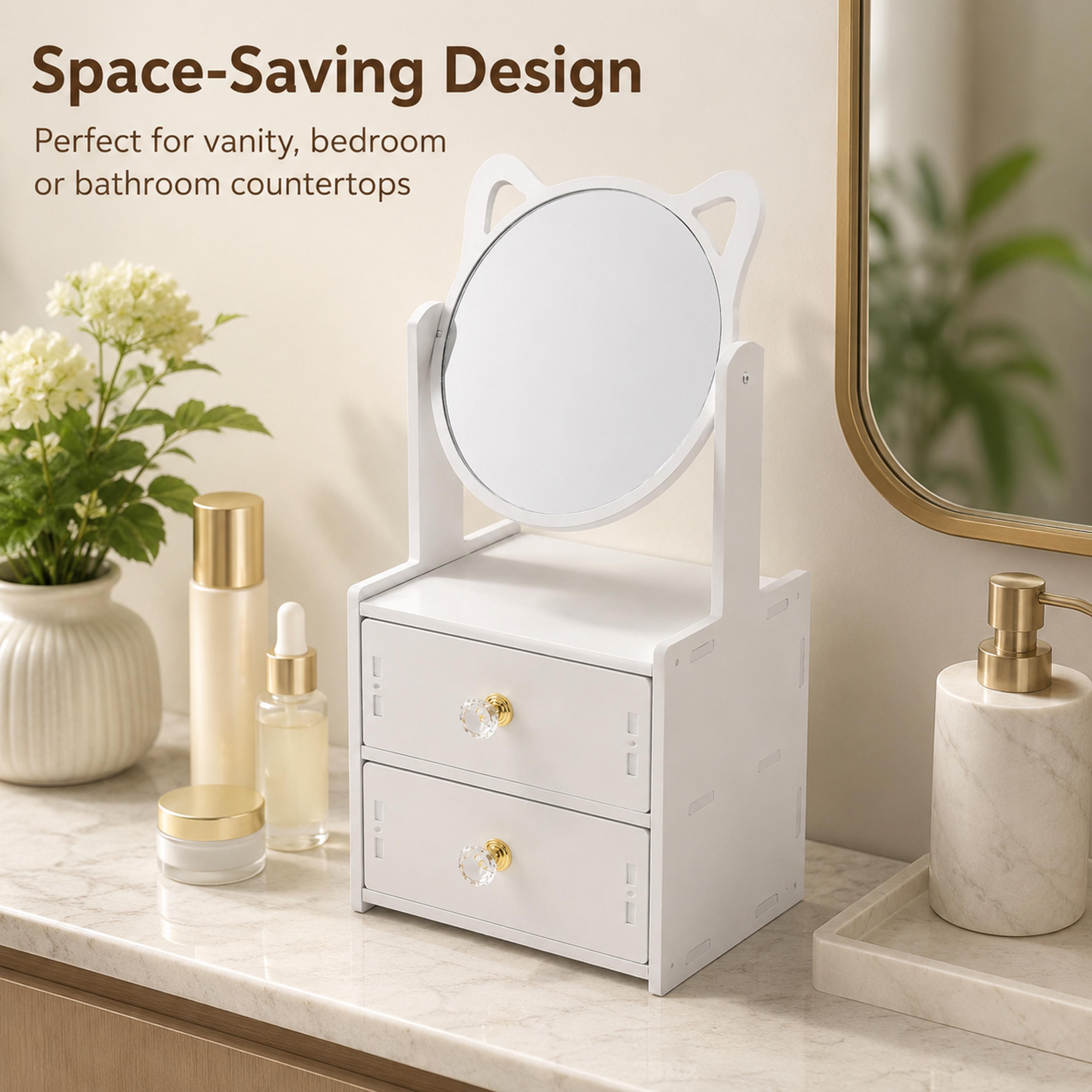 Cute Cat Makeup Organizer With 360 Rotating Mirror And Double Drawers 5
