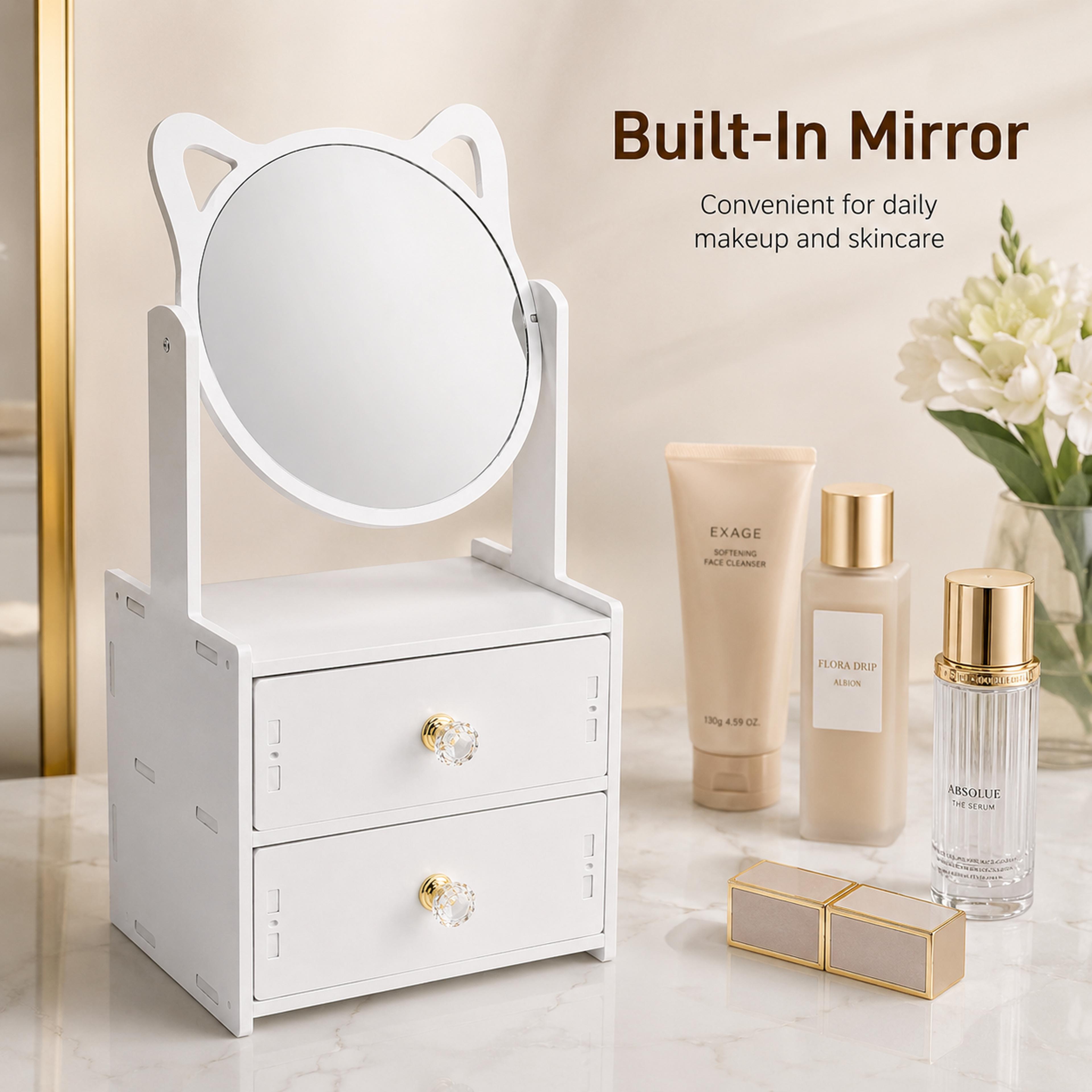 Cute Cat Makeup Organizer With 360 Rotating Mirror And Double Drawers 6