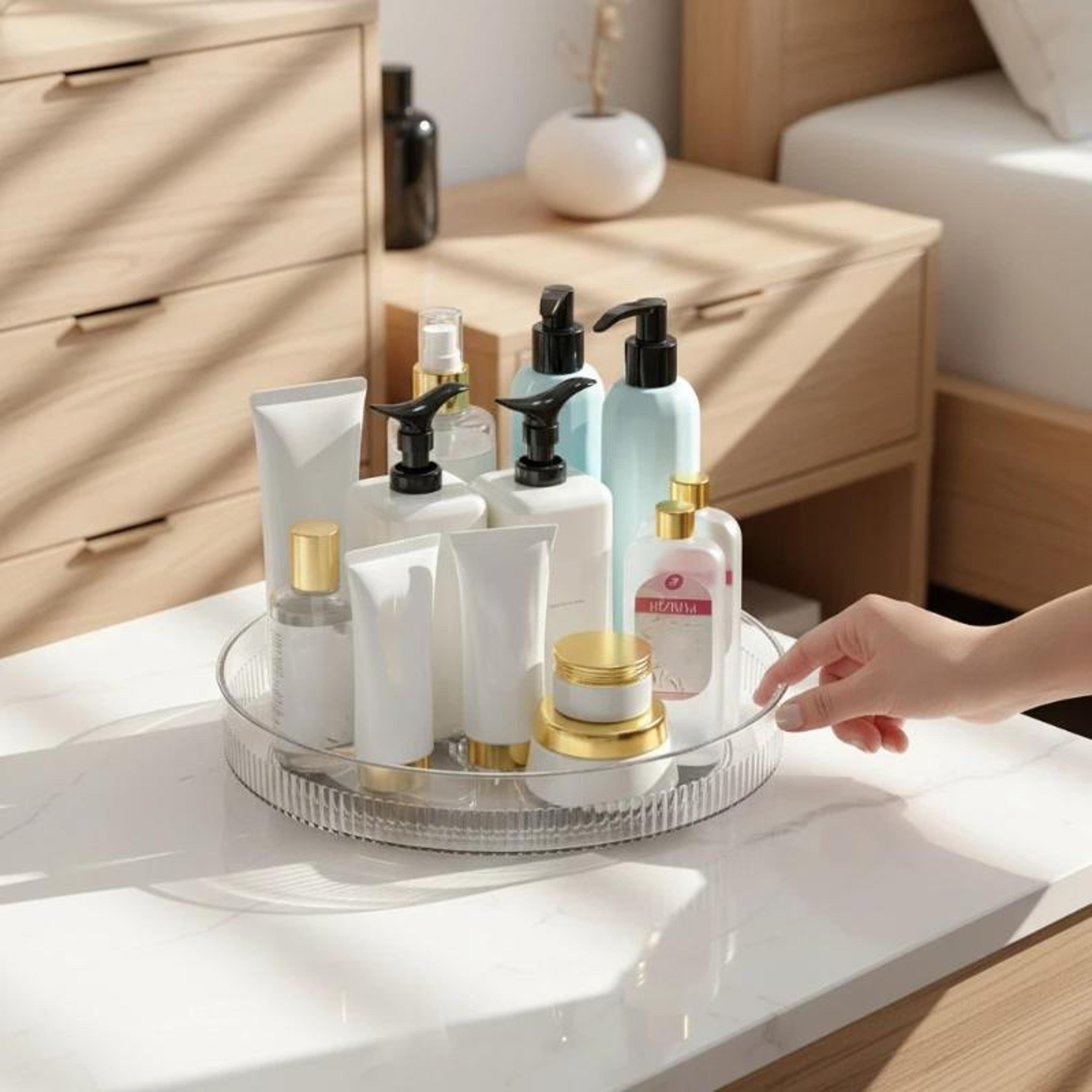 360 Degree Rotating Cosmetic Organizer Clear Vanity Storage Tray For Makeup Perfume And Skincare 4