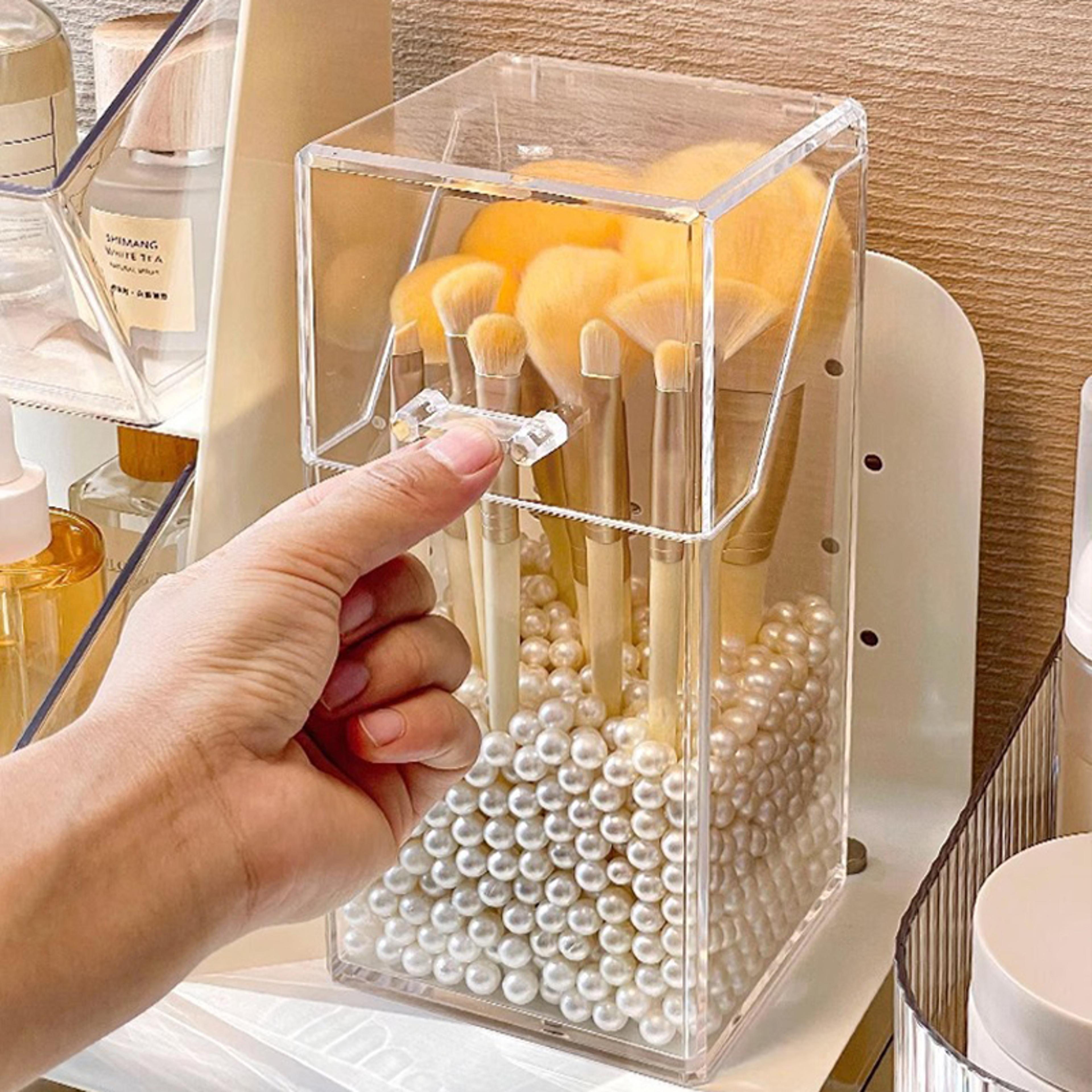 Transparent Acrylic Makeup Brush Holder With Flip Top Dustproof Organizer 4