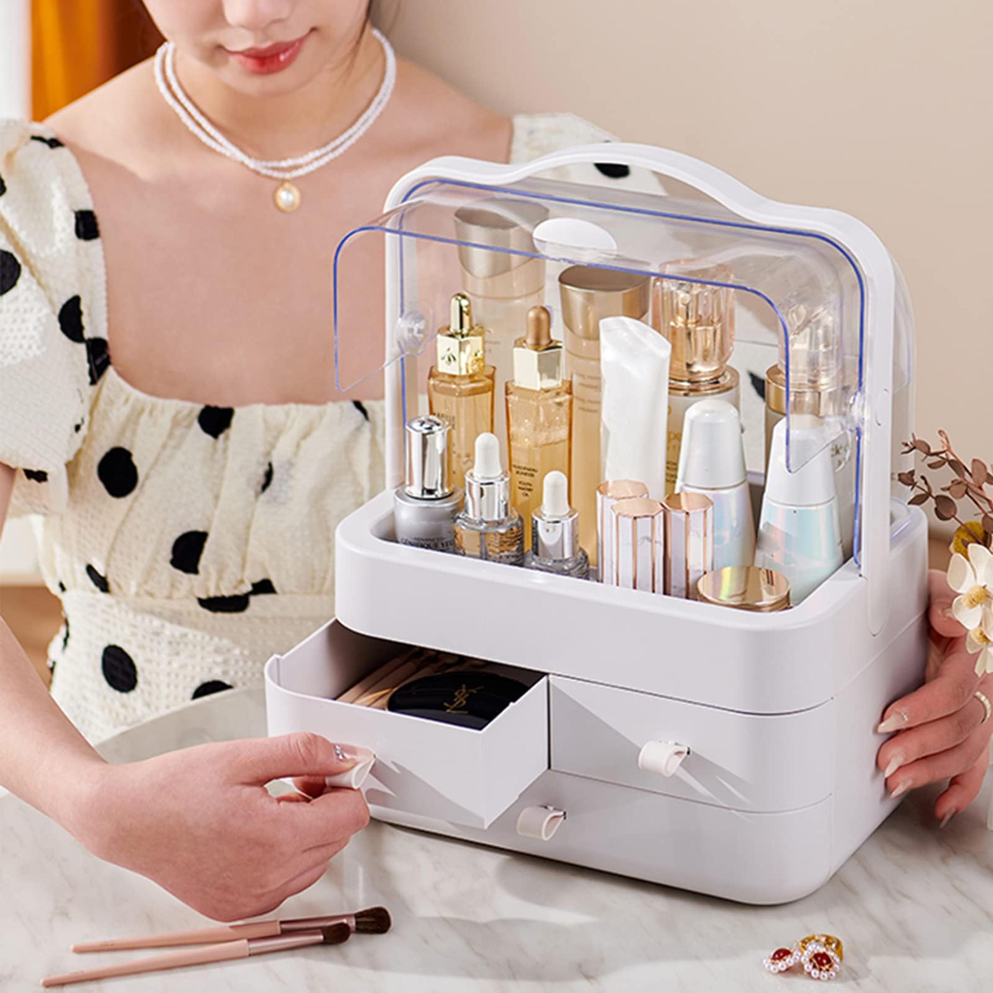 Large Makeup Organizer With Lid And 3 Drawers Dustproof Countertop Cosmetic Storage Box 3