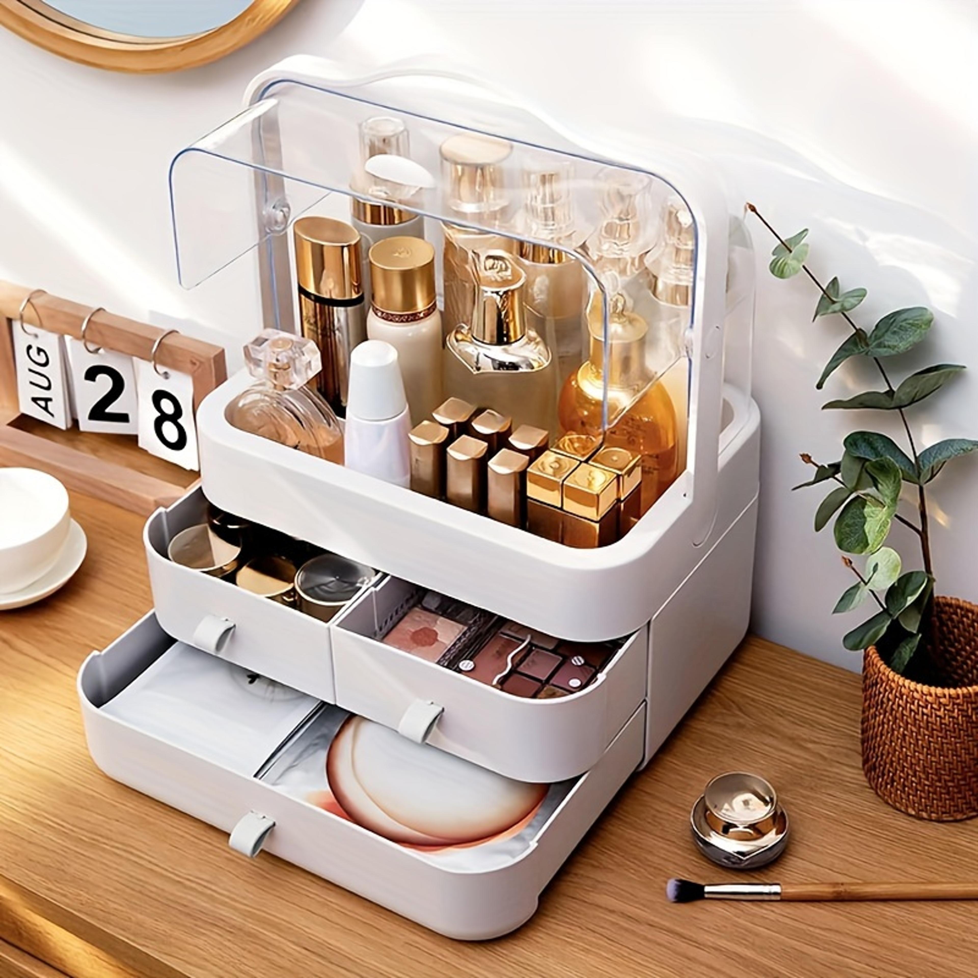 Large Makeup Organizer With Lid And 3 Drawers Dustproof Countertop Cosmetic Storage Box 4