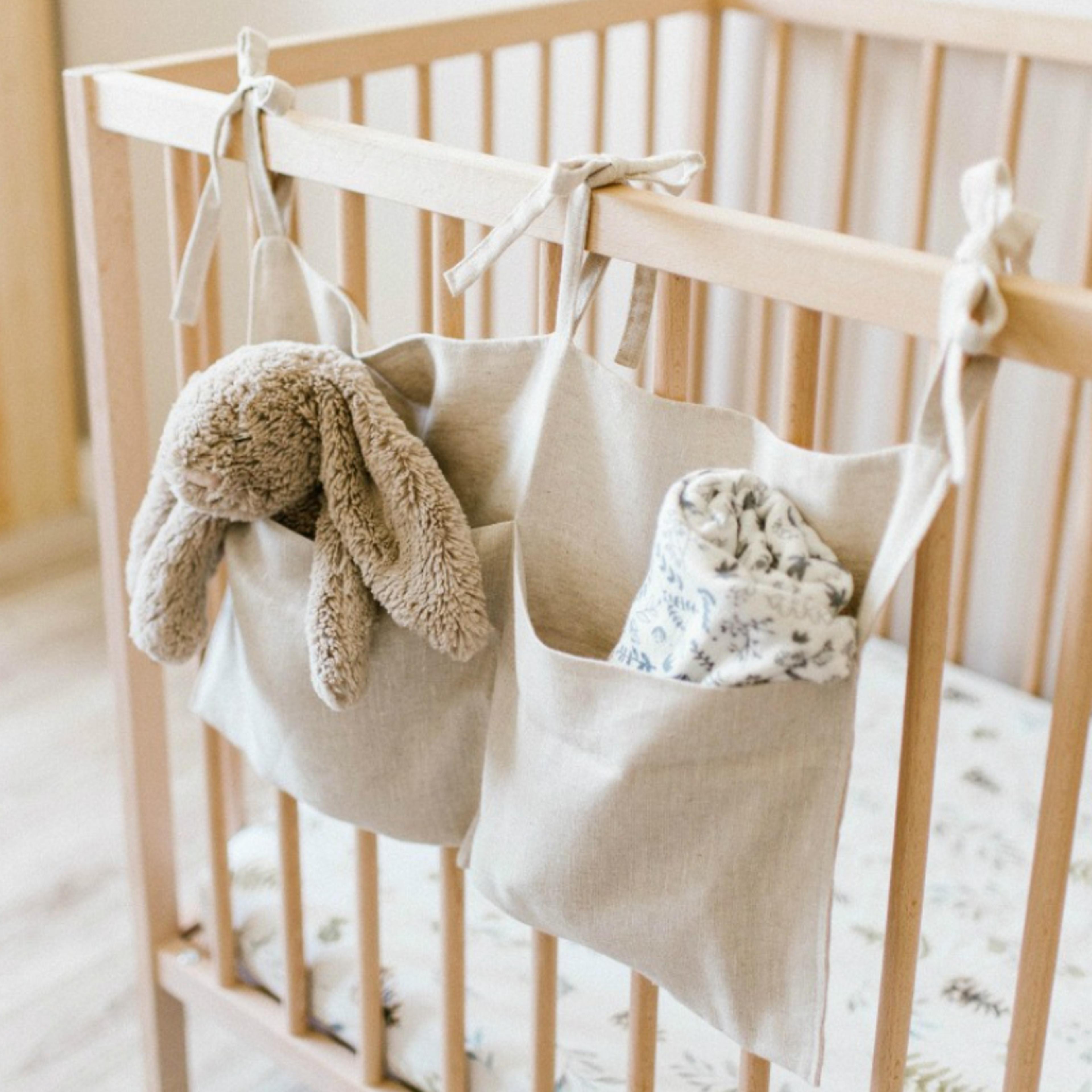 Baby Bedside Organizer Linen Crib Storage Bag With 2 Pockets For Diapers Toys And Nursery Essential 1