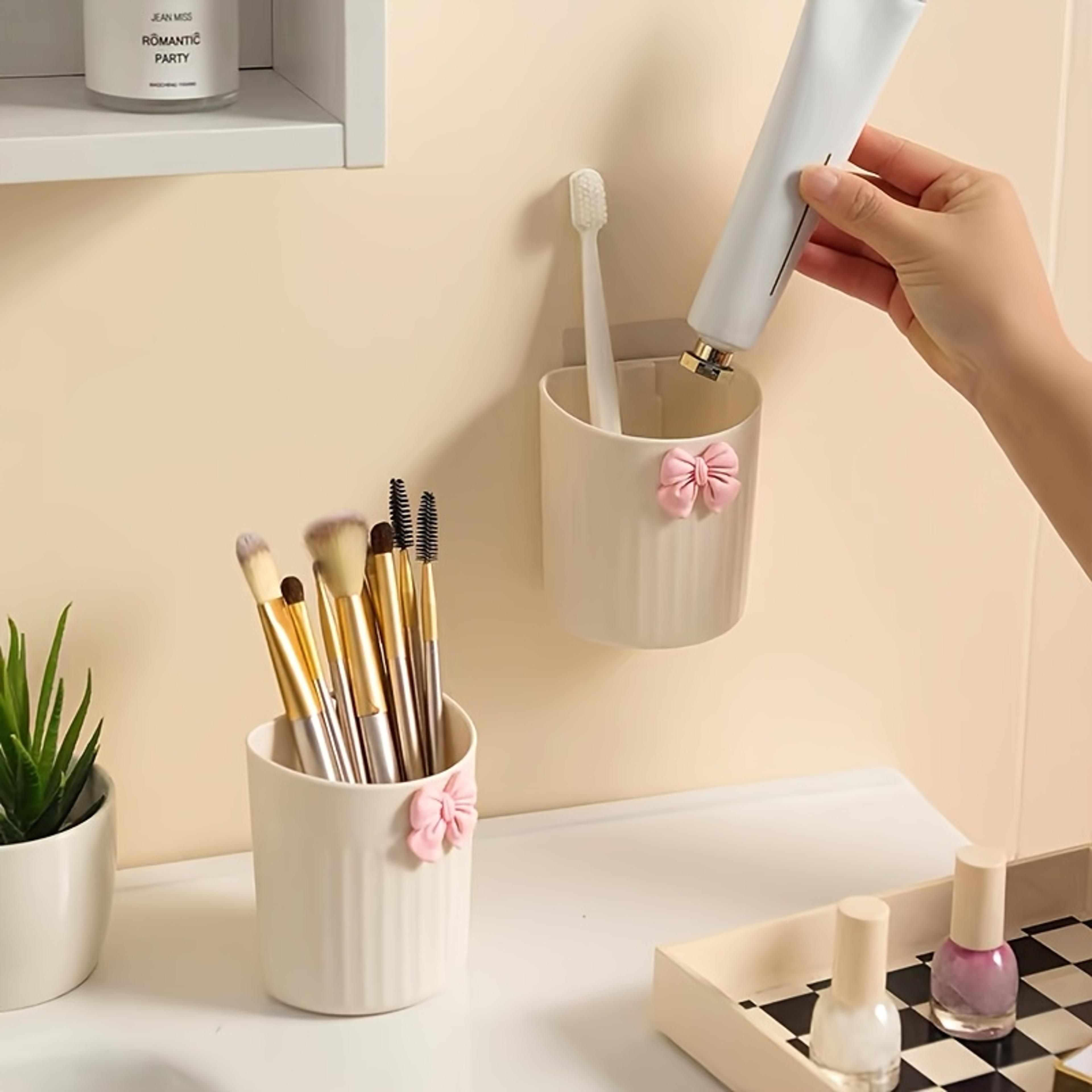 Wall Mounted Organizer With Bow Design No Drill Makeup Brush And Bathroom Storage 4