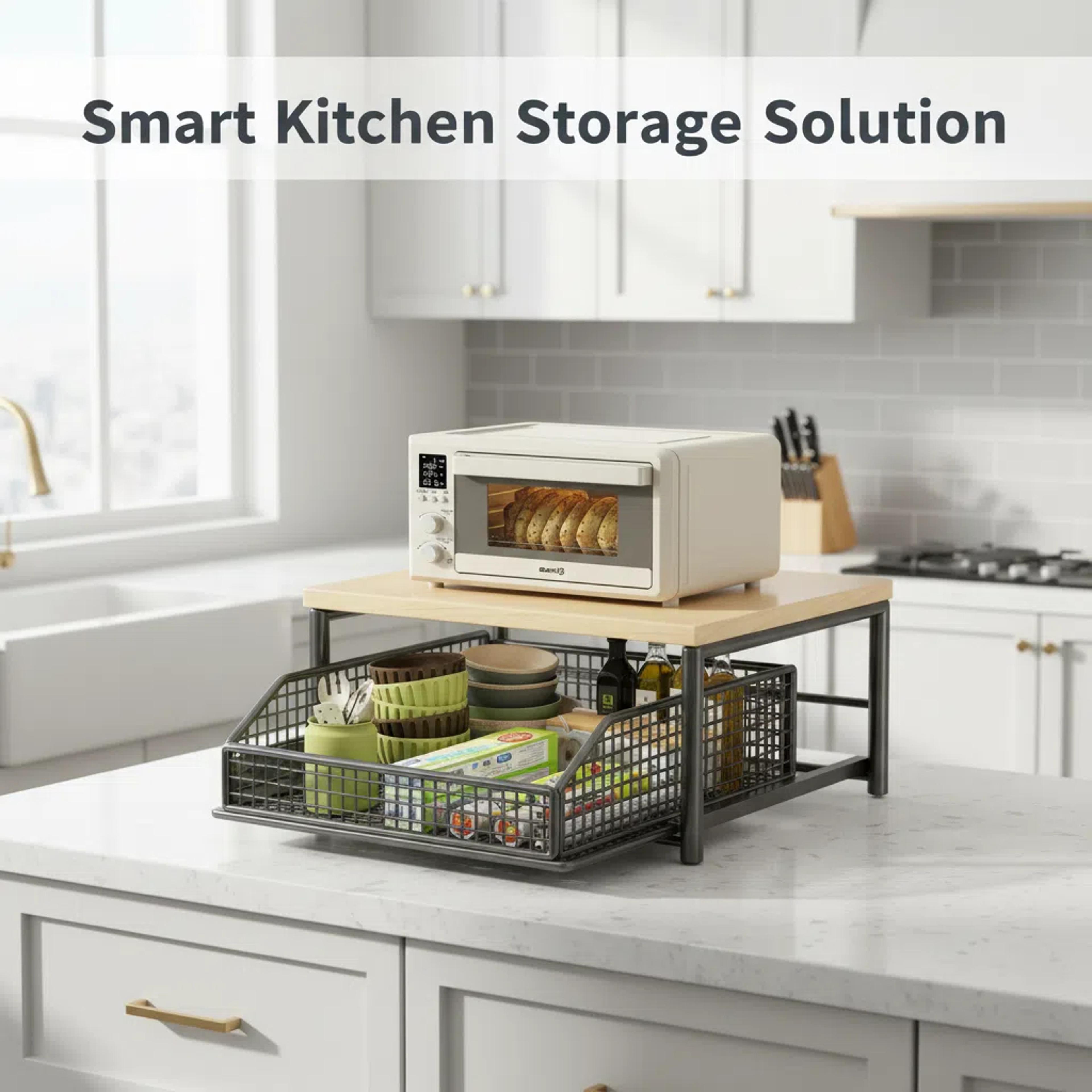 Modern Wood Metal Coffee Station Organizer With Pull Out Basket Desktop Storage Rack 3