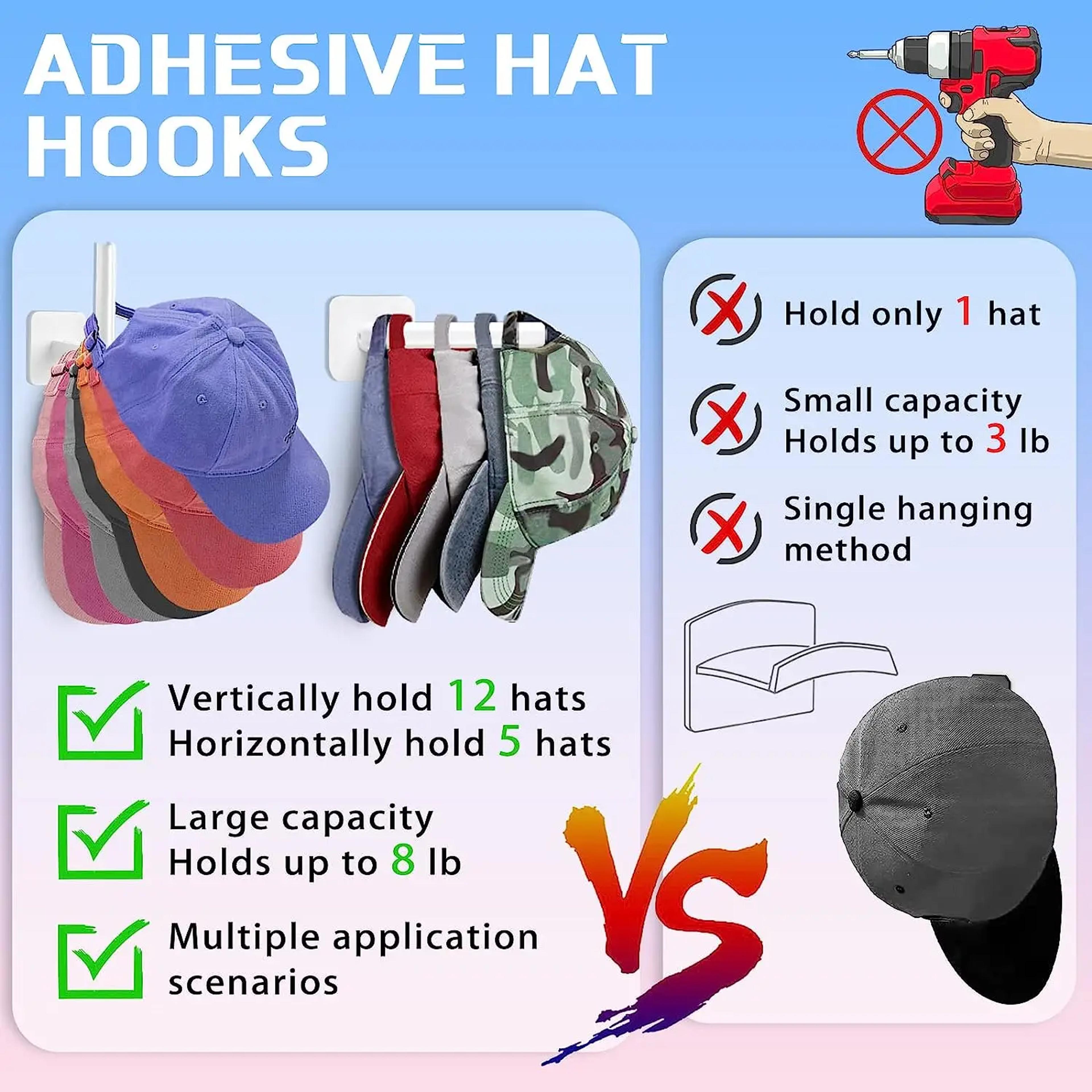 2PCS Hat Organizer For Wall Baseball Cap Holder Adhesive Hat Rack No Drill Storage Hooks 3