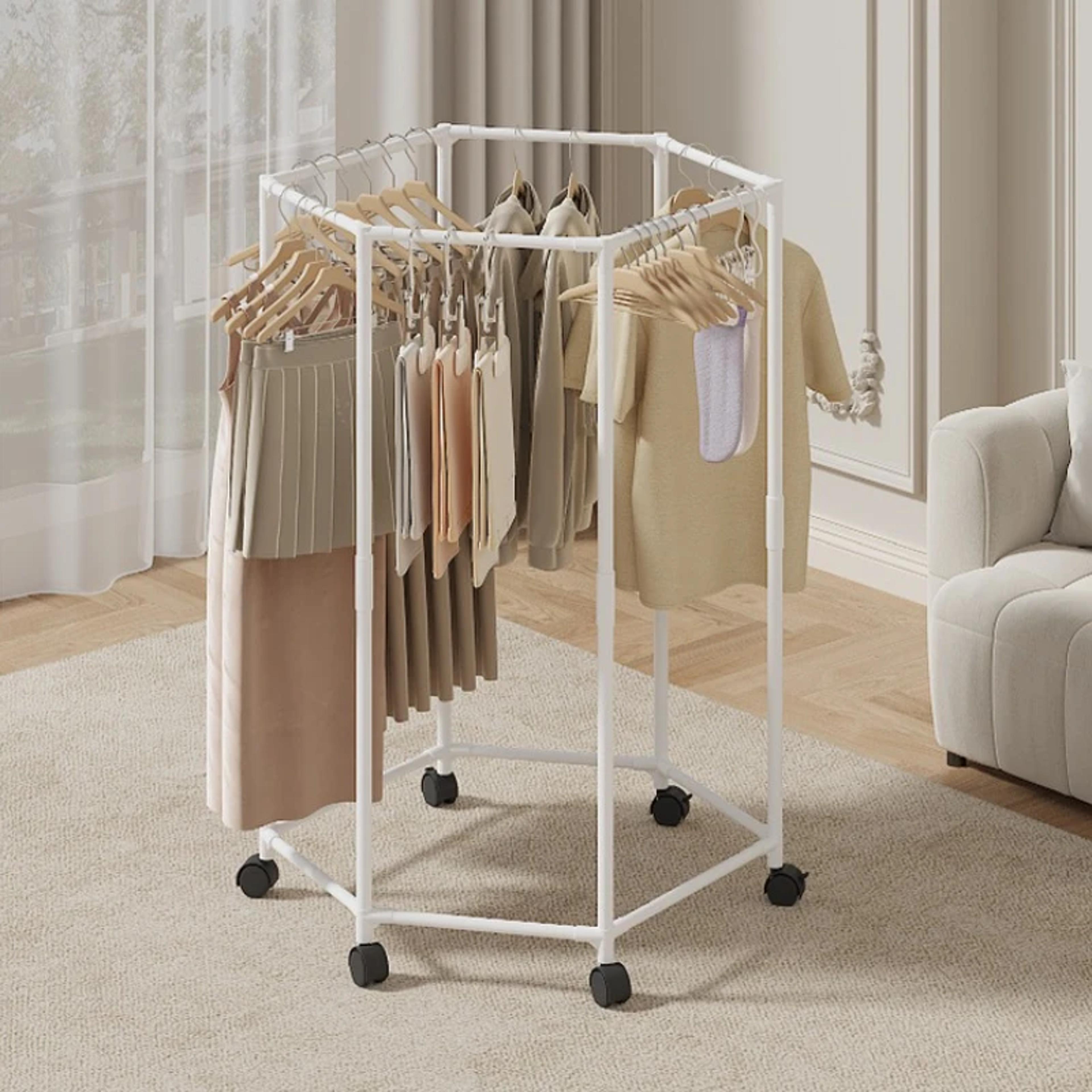 Hexagon Rotating Clothes Rack Floor Hanger Movable Garment Organizer For Dormitory Bedroom 1