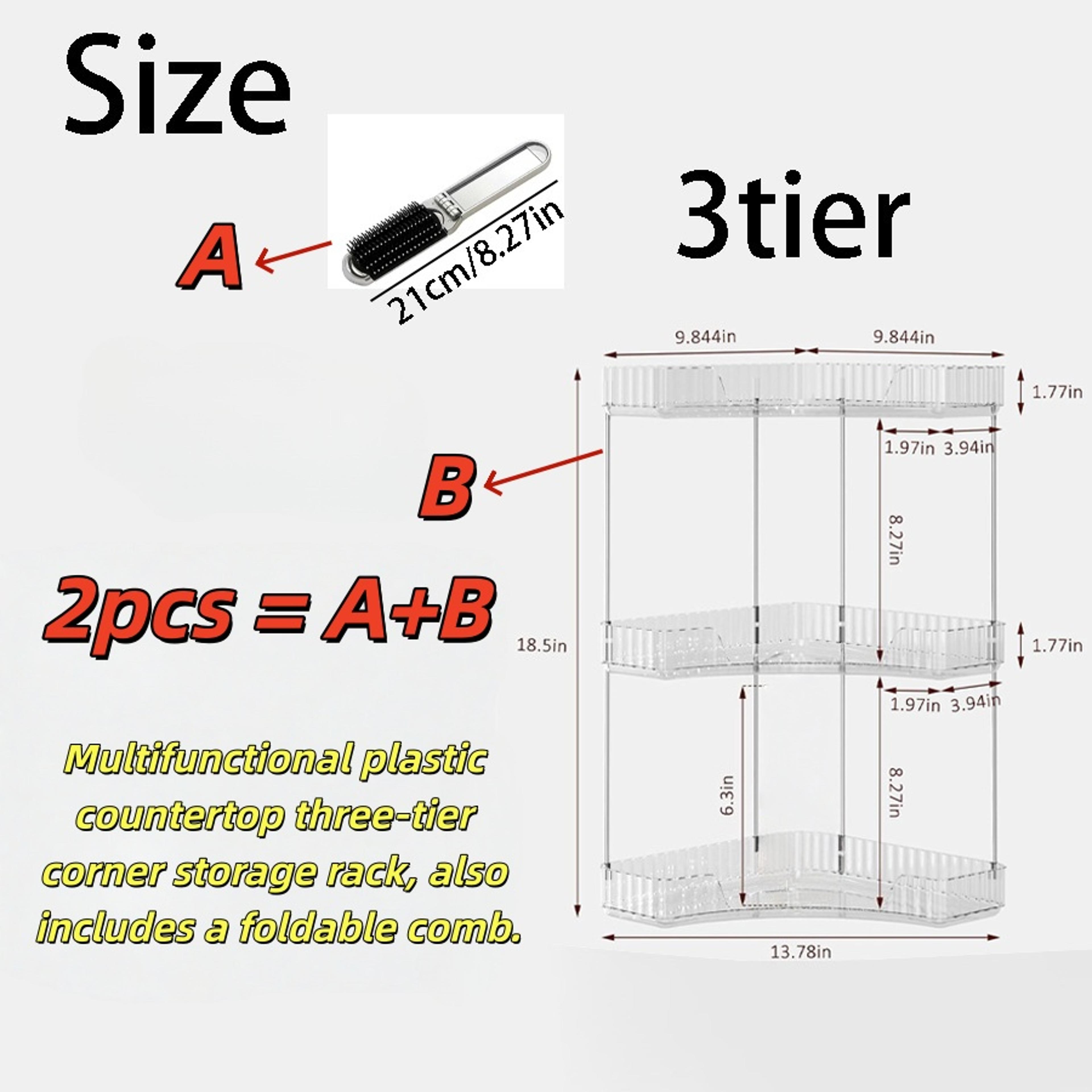 2pcs 3 Tier Corner Makeup Organizer Transparent Cosmetic Storage Rack With Folding Comb 5