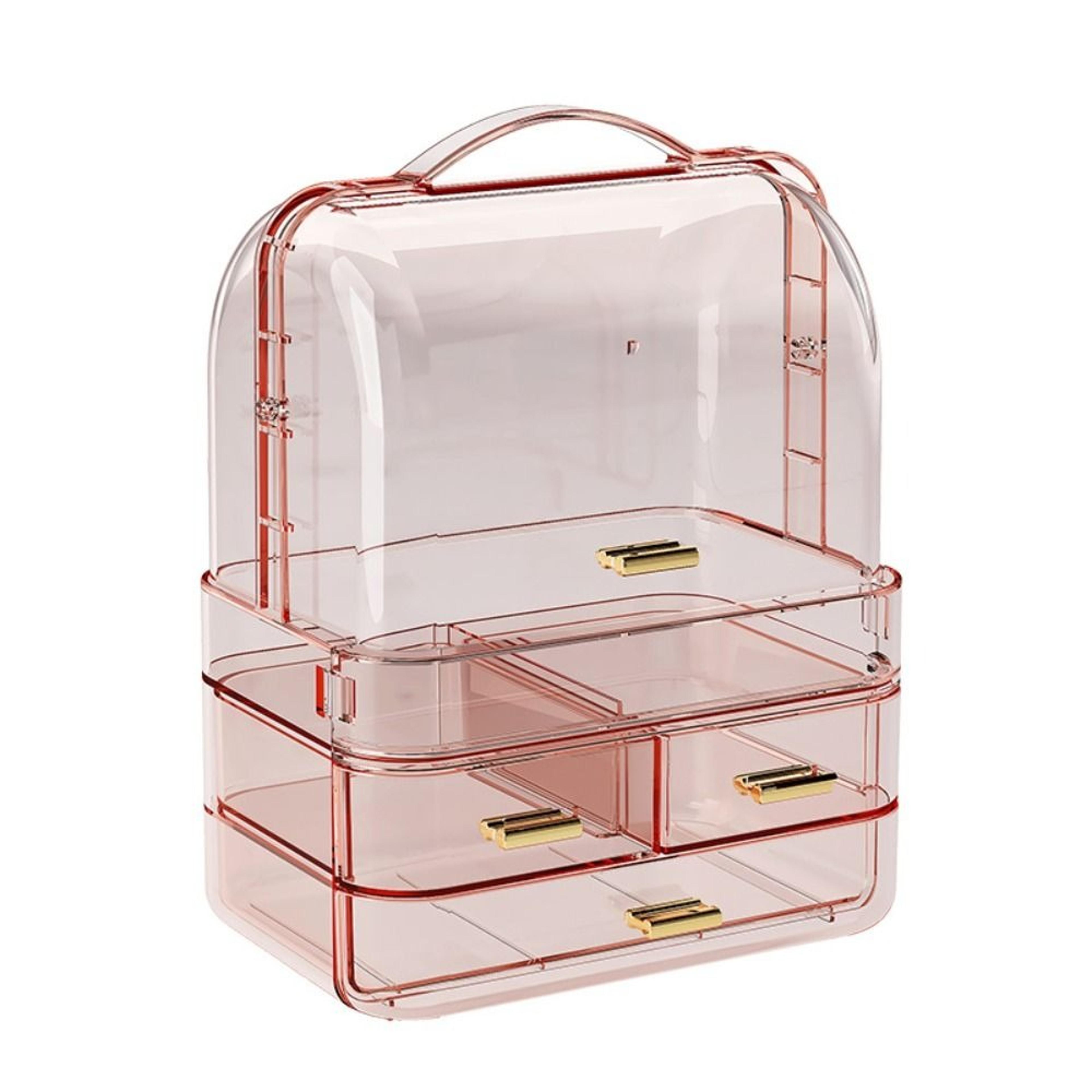 dustproof makeup organizer with drawers, clear lid and portable handle
