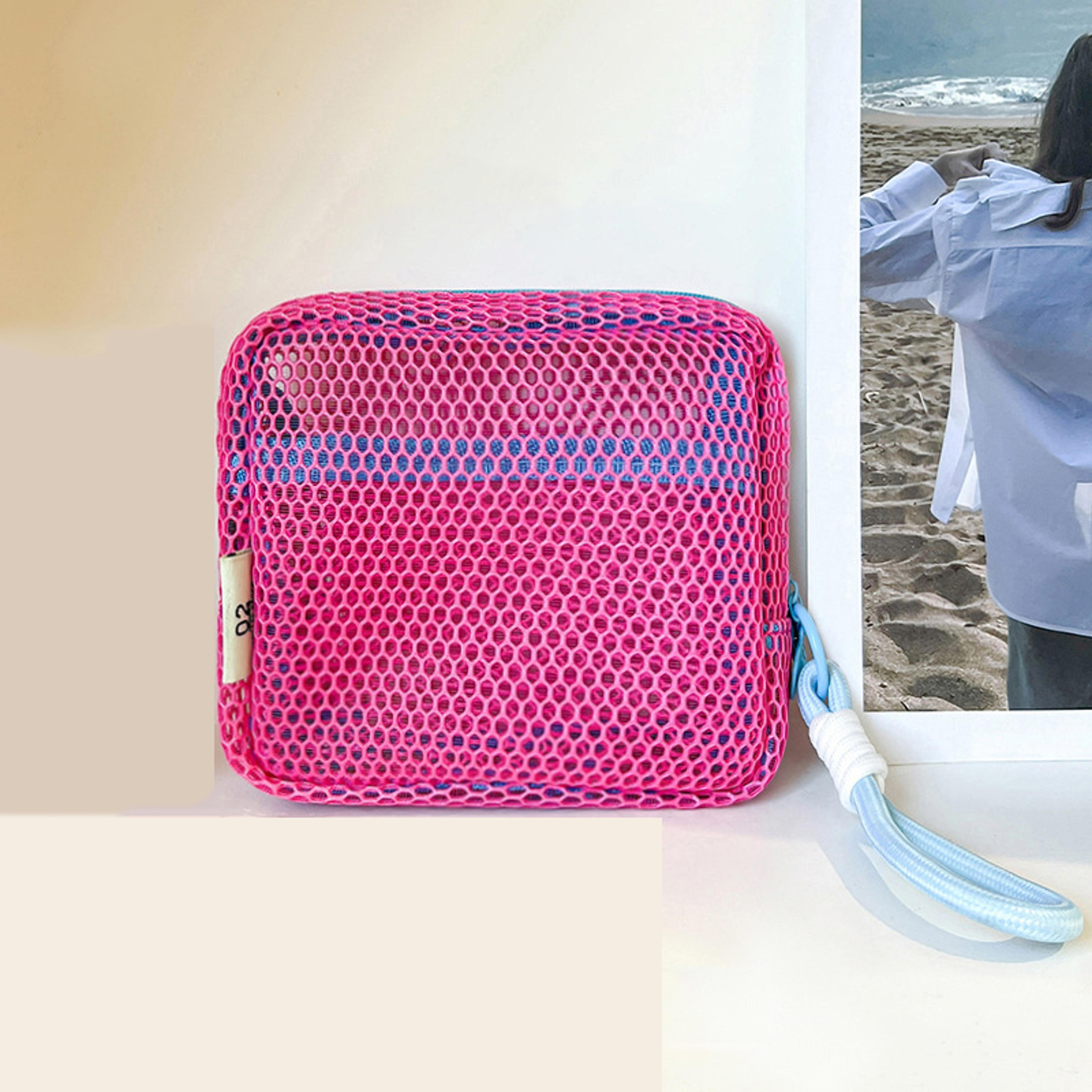 Small Mesh Beach Pouch With Wrist Strap Clear Cosmetic Travel Organizer 9