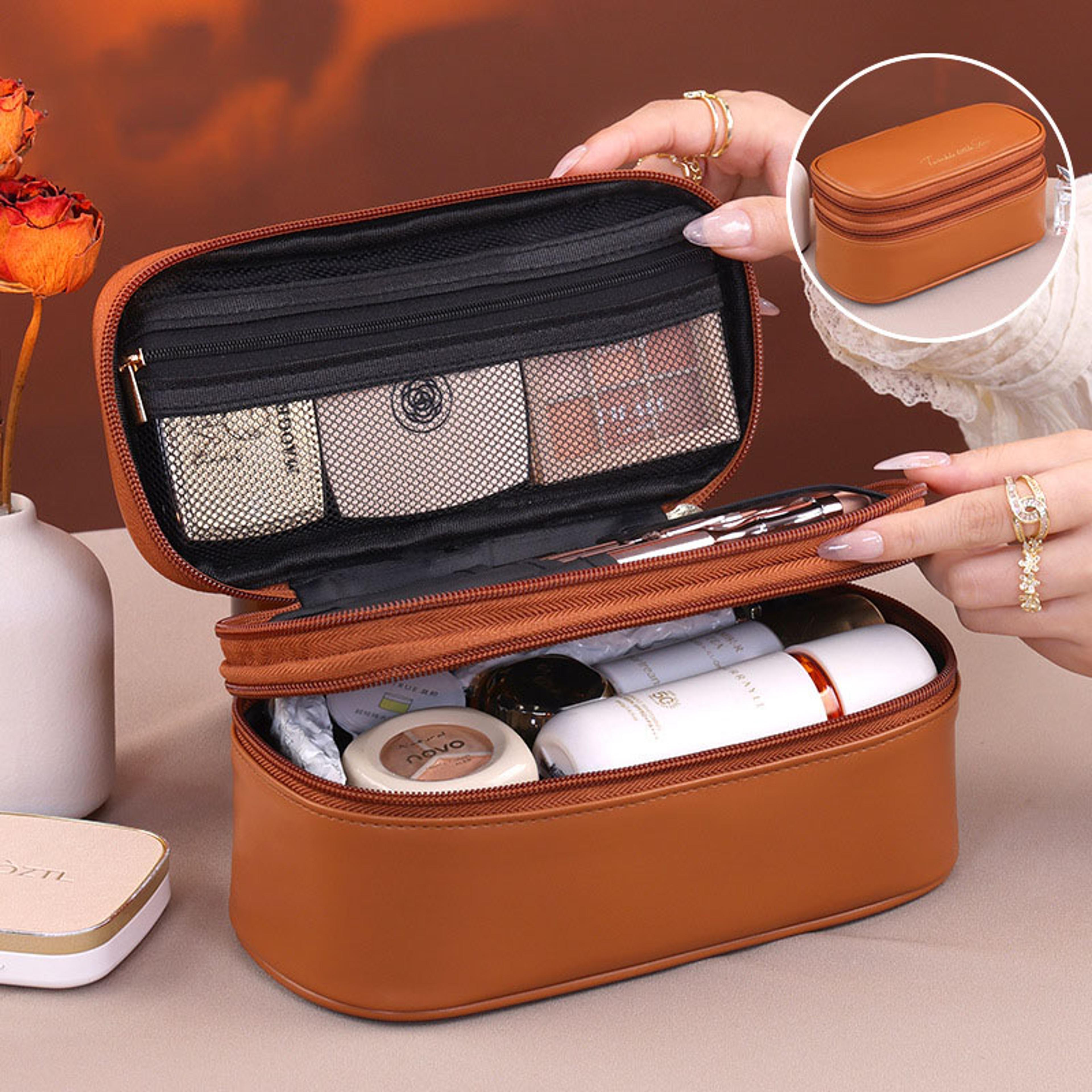Double Layer Travel Makeup Bag Large Capacity PU Leather Cosmetic Organizer 1