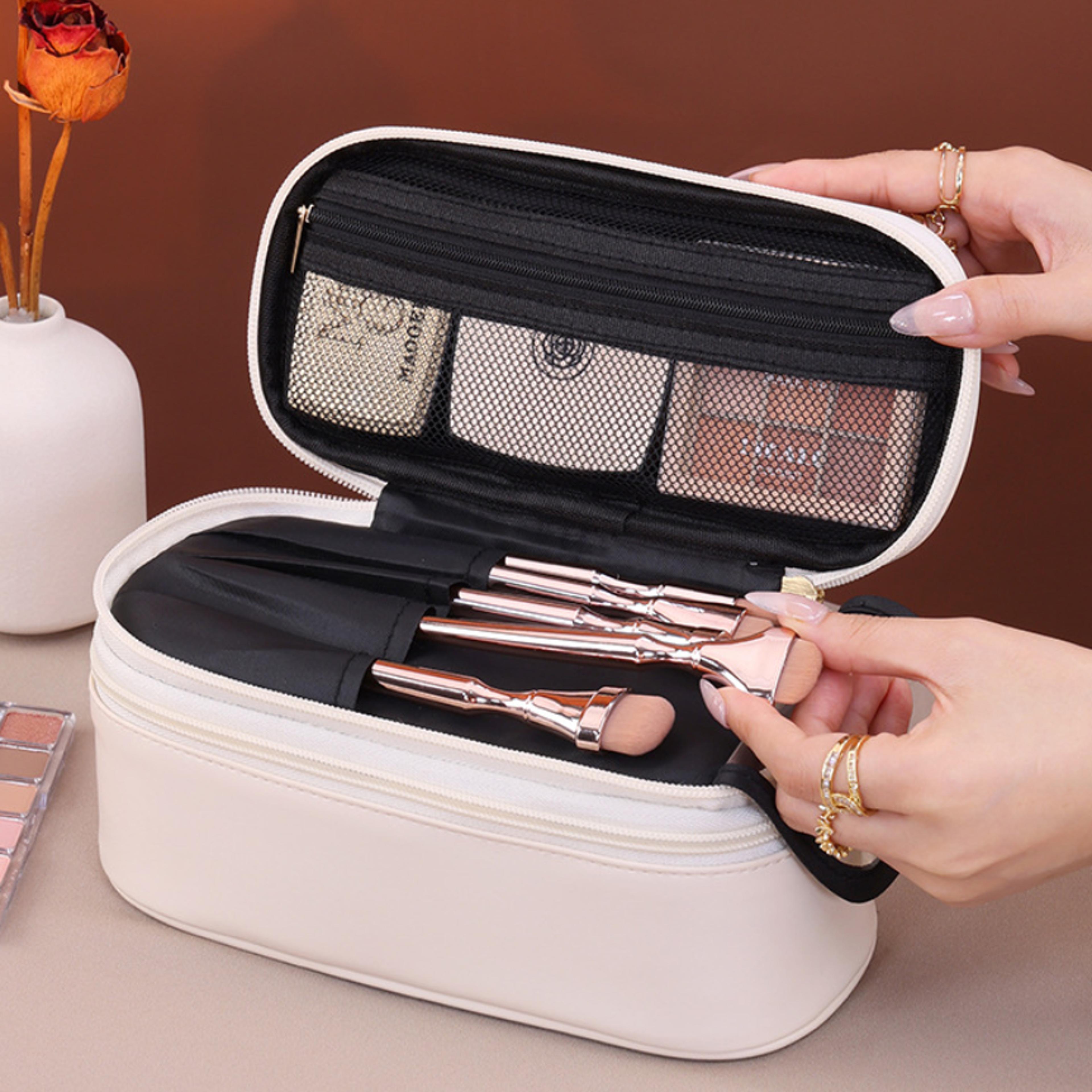 Double Layer Travel Makeup Bag Large Capacity PU Leather Cosmetic Organizer 2