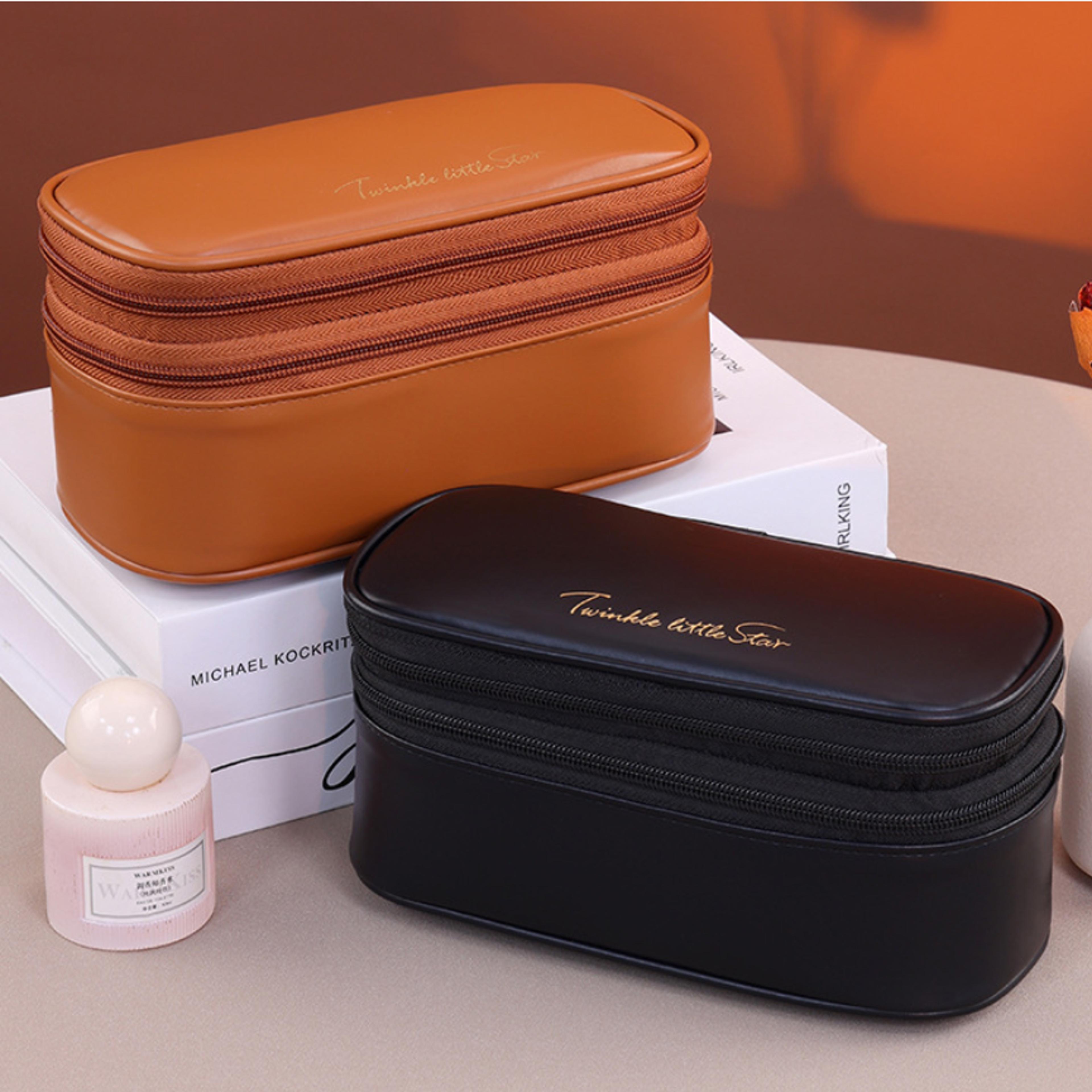 Double Layer Travel Makeup Bag Large Capacity PU Leather Cosmetic Organizer 3