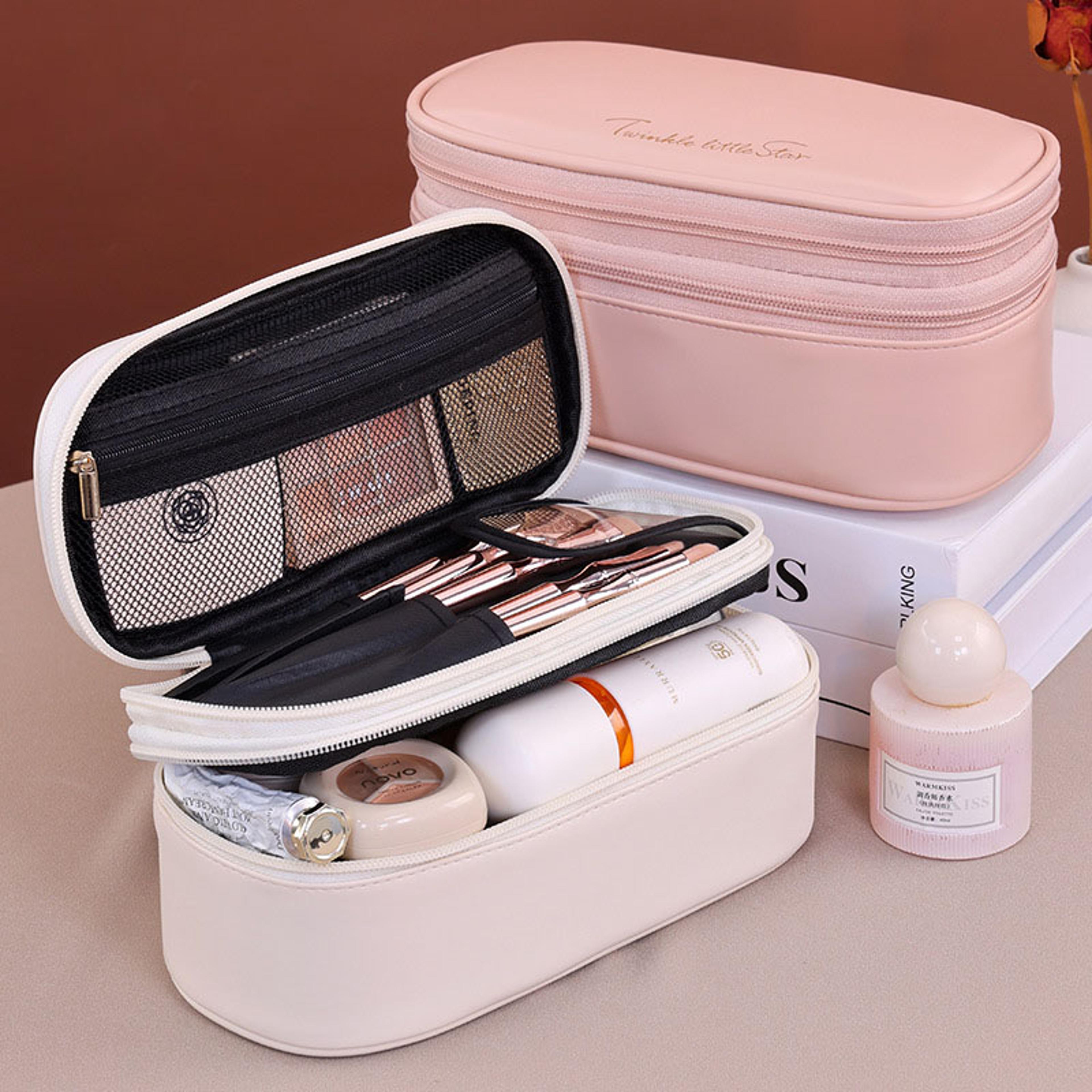 Double Layer Travel Makeup Bag Large Capacity PU Leather Cosmetic Organizer 4