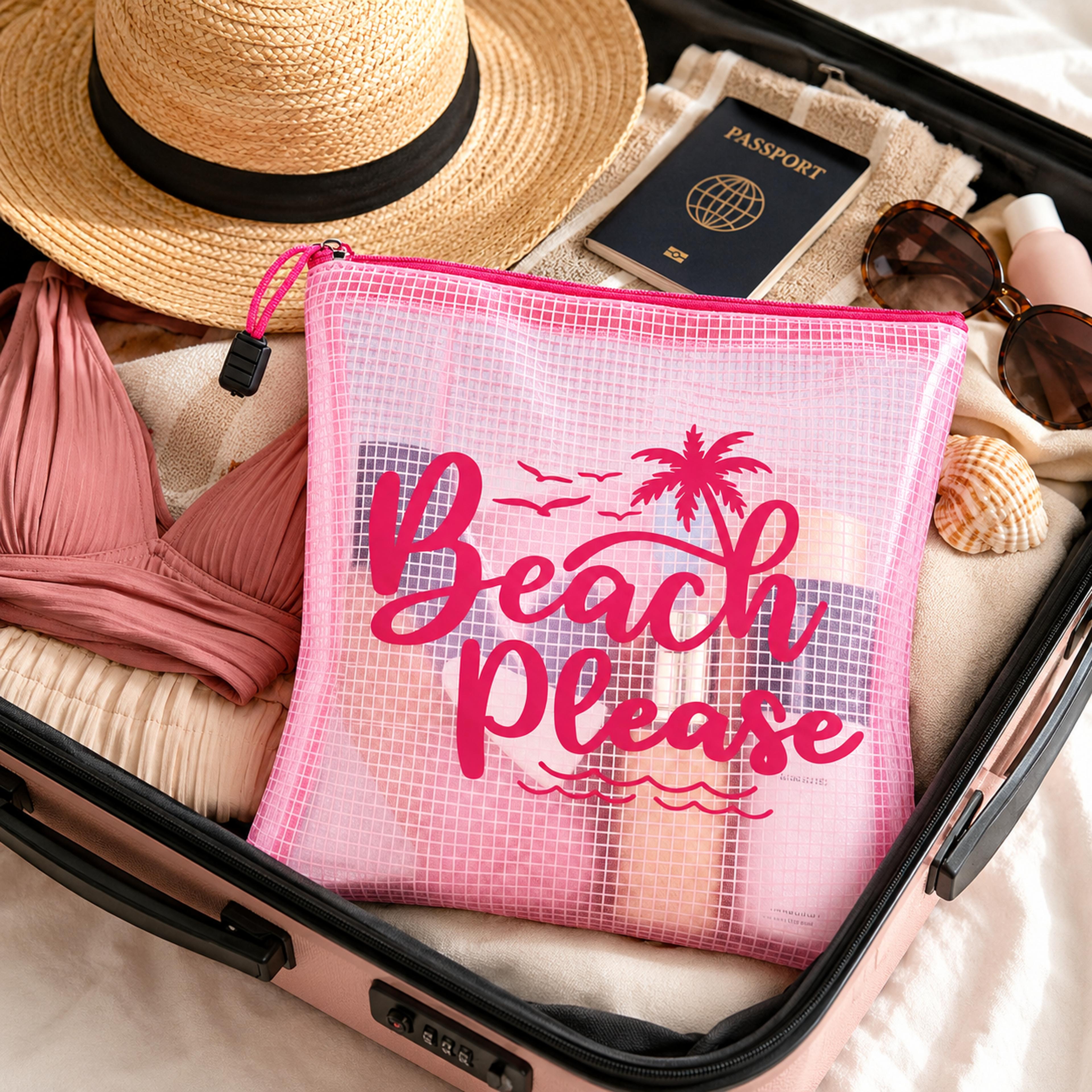 Beach Please Pink Clear Makeup Bag Waterproof Palm Print Travel Toiletry Pouch 3