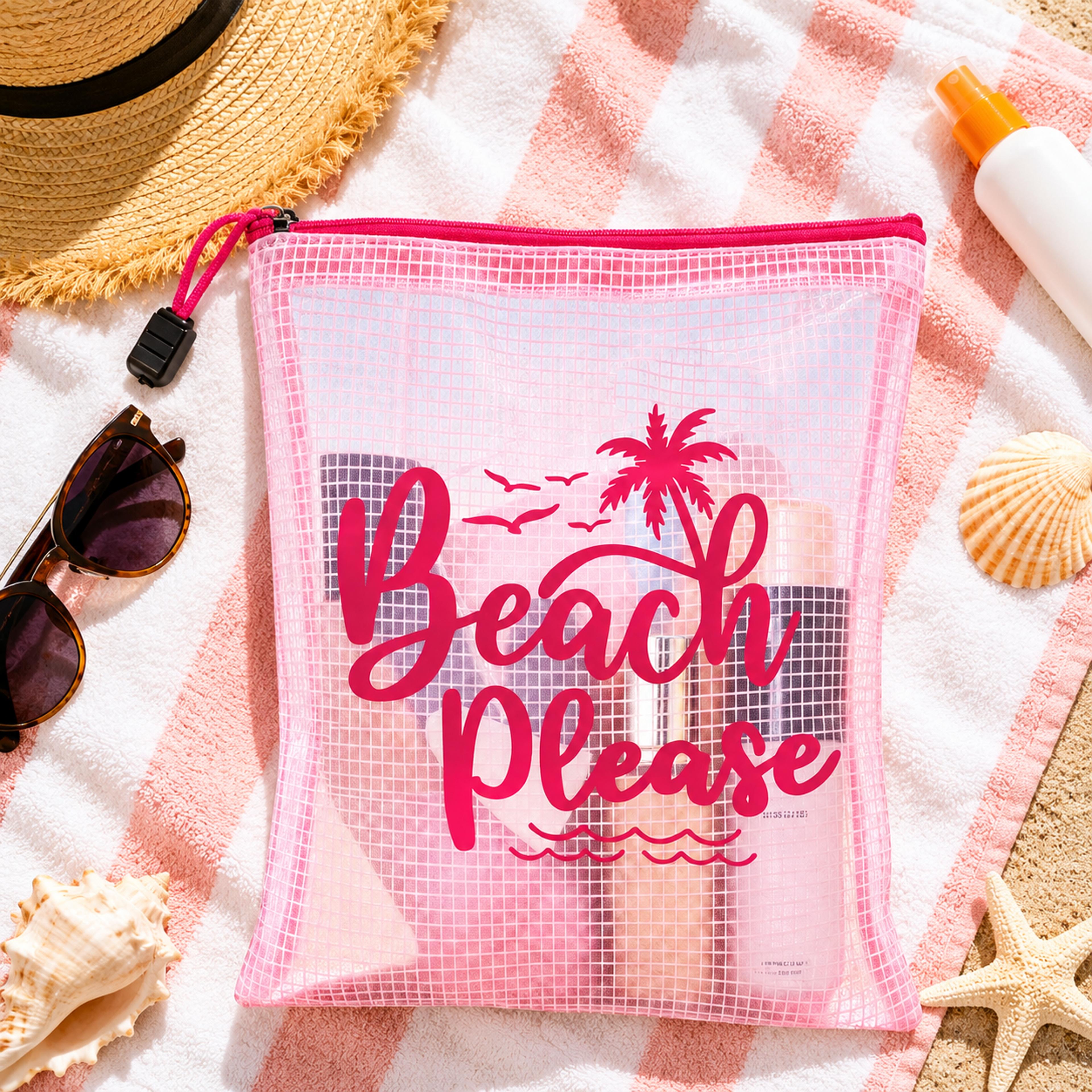 Beach Please Pink Clear Makeup Bag Waterproof Palm Print Travel Toiletry Pouch 4